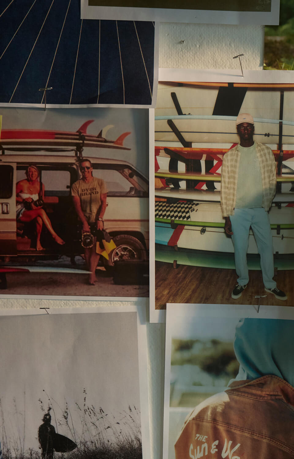 Close up of a fashion mood board showing surf revival inspiration