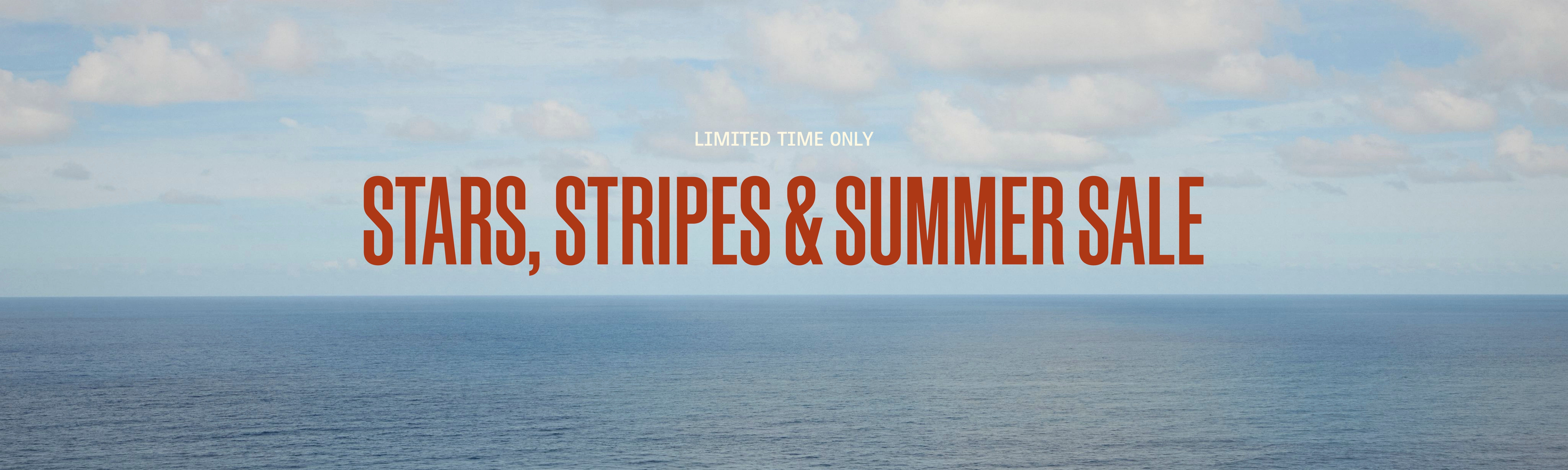 Promotional banner with 'Stars, Stripes & Summer Sale' text over a scenic ocean view.