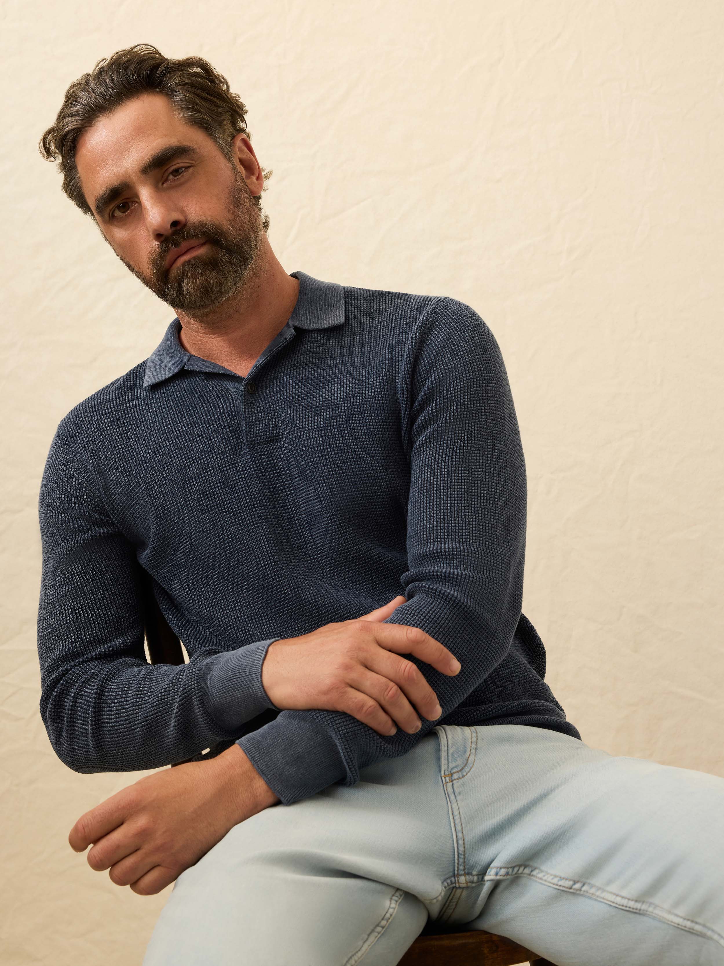 Long-Sleeve Sunwashed Sweater Polo - Blue Nights | Faherty Brand