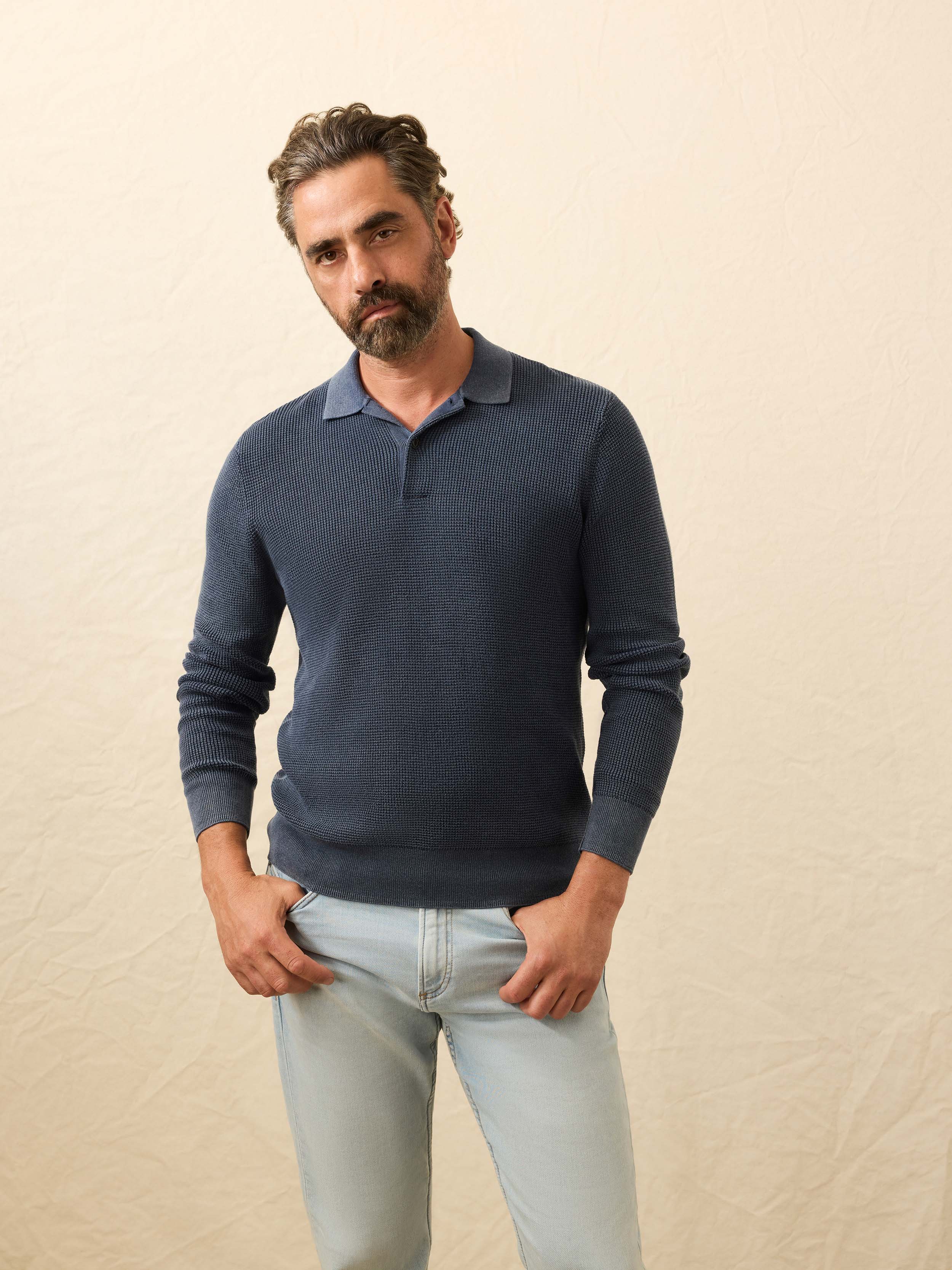 Long-Sleeve Sunwashed Sweater Polo - Blue Nights | Faherty Brand