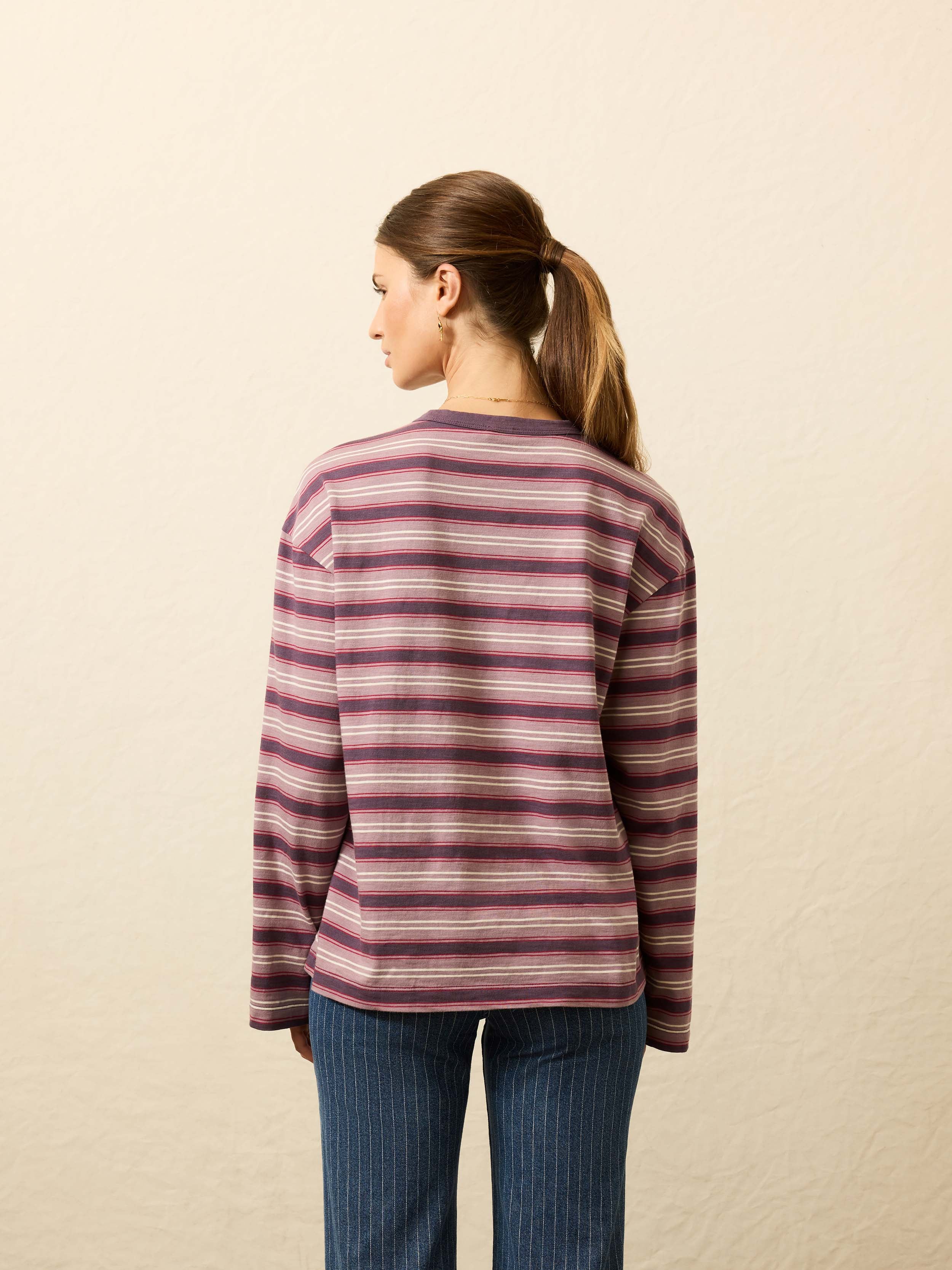 Sunwashed Long-Sleeve Retro Tee - Plum Berry Stripe | Faherty Brand