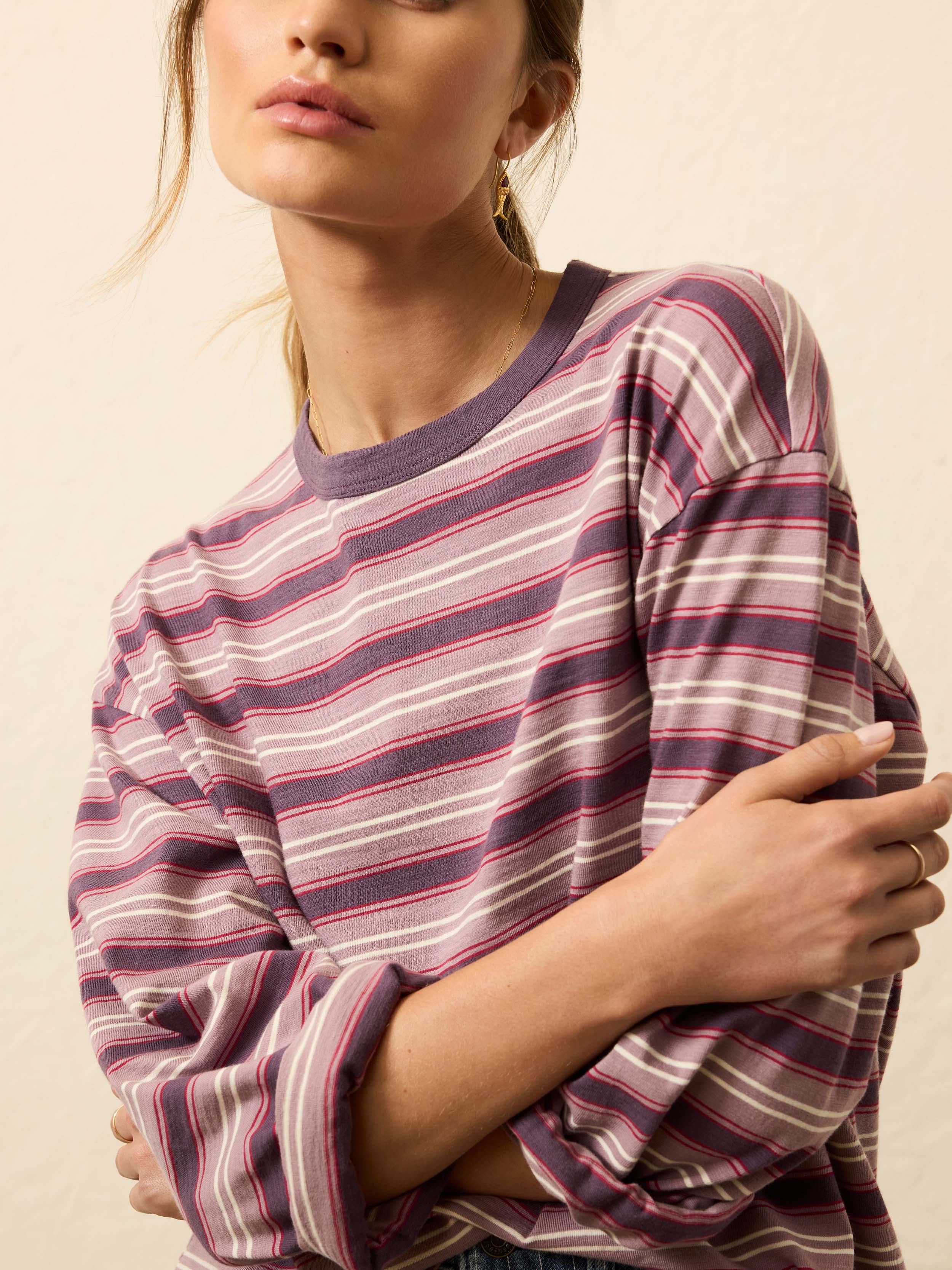 Sunwashed Long-Sleeve Retro Tee - Plum Berry Stripe | Faherty Brand