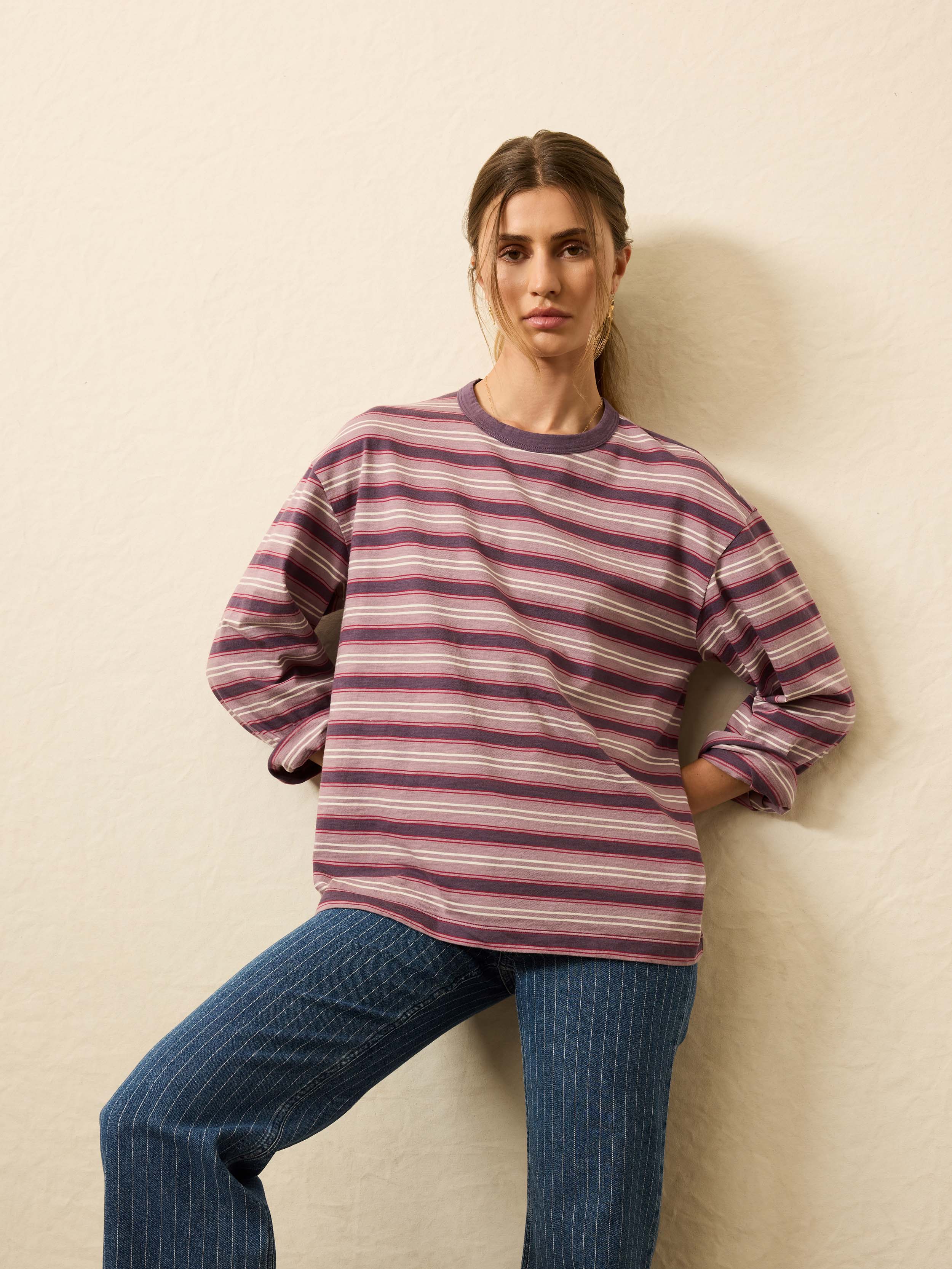 Sunwashed Long-Sleeve Retro Tee - Plum Berry Stripe | Faherty Brand