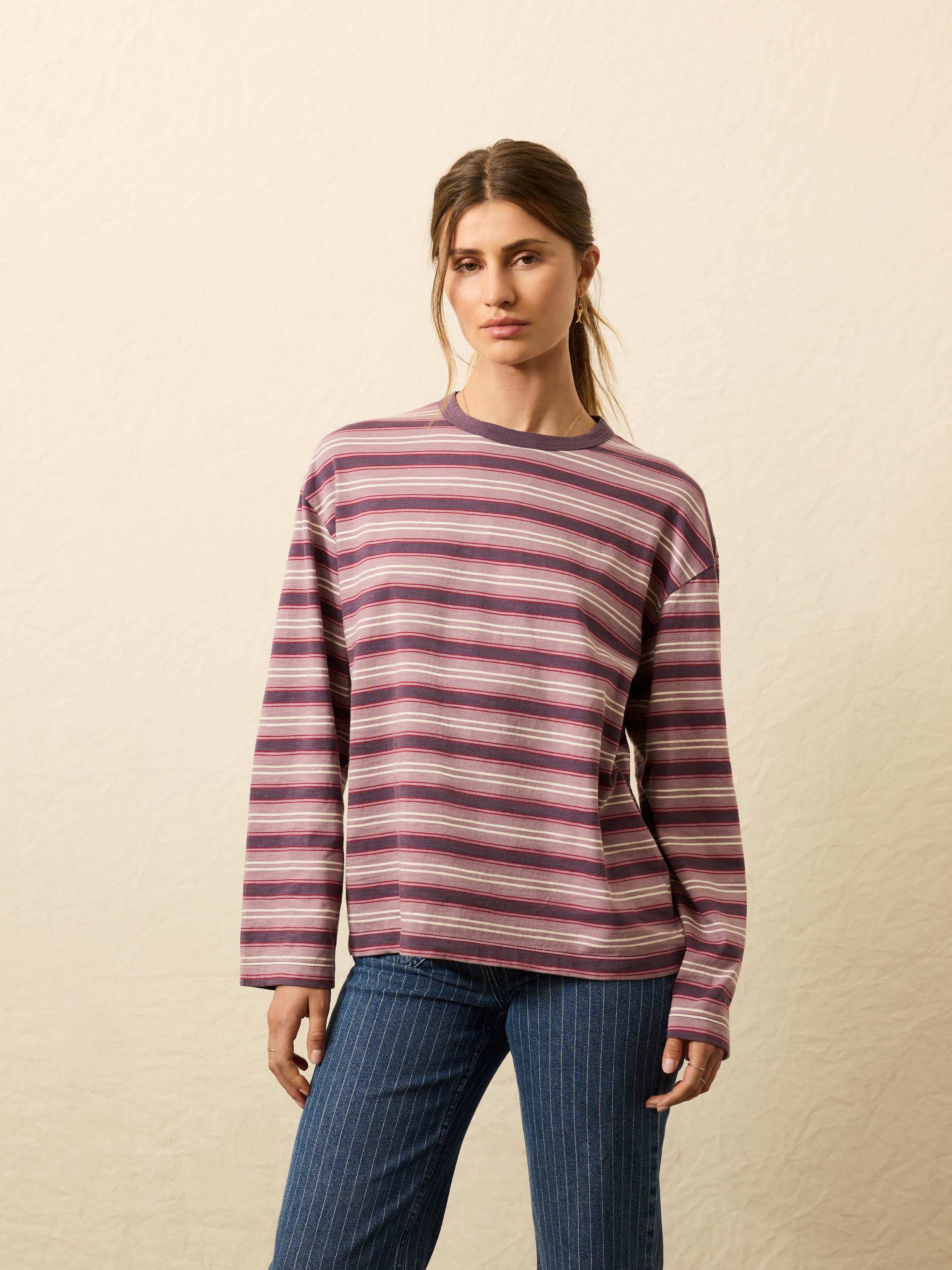 Sunwashed Long-Sleeve Retro Tee - Plum Berry Stripe | Faherty Brand