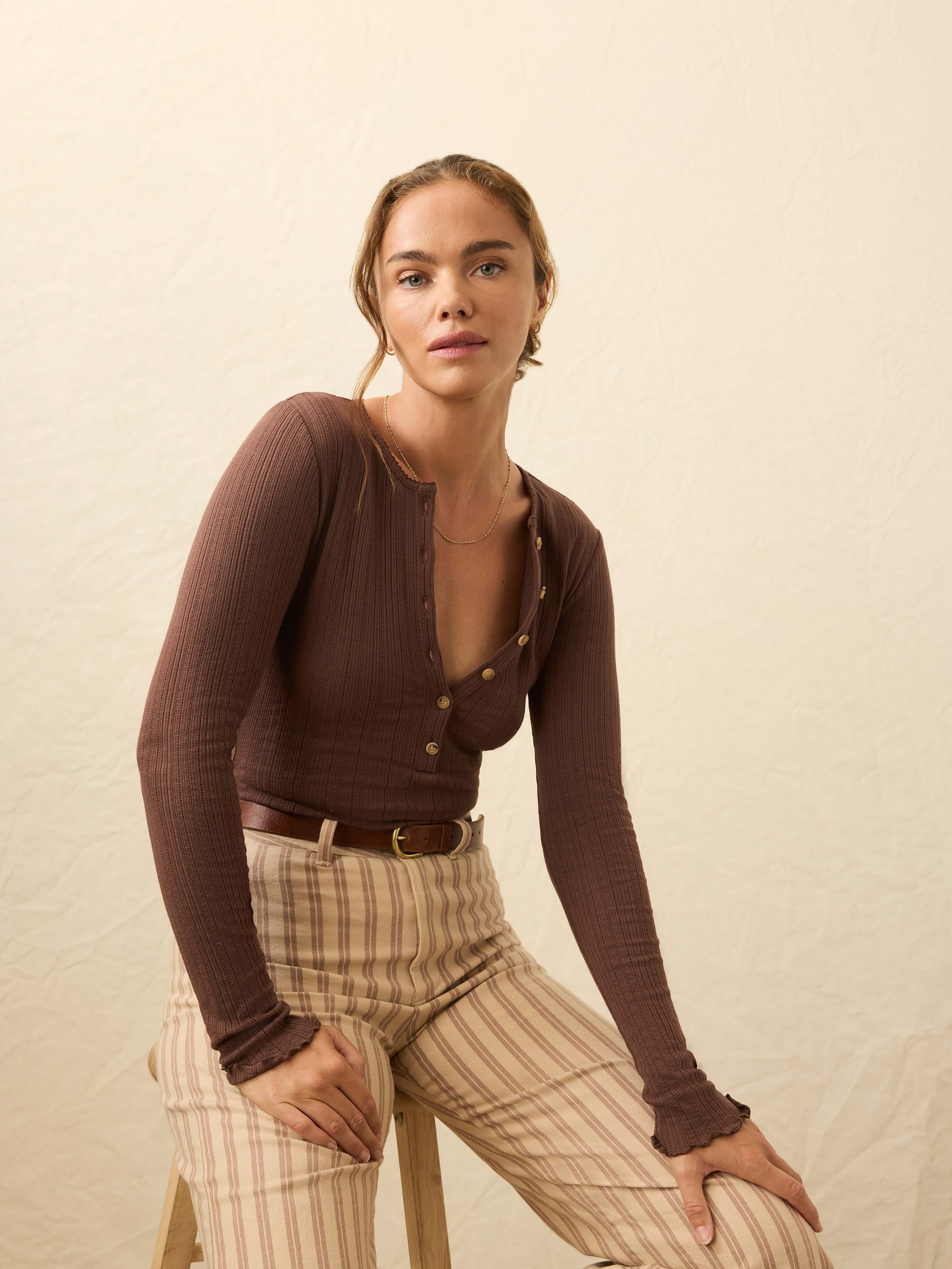 Paradise Pointelle Henley - Chocolate Brown | Faherty Brand