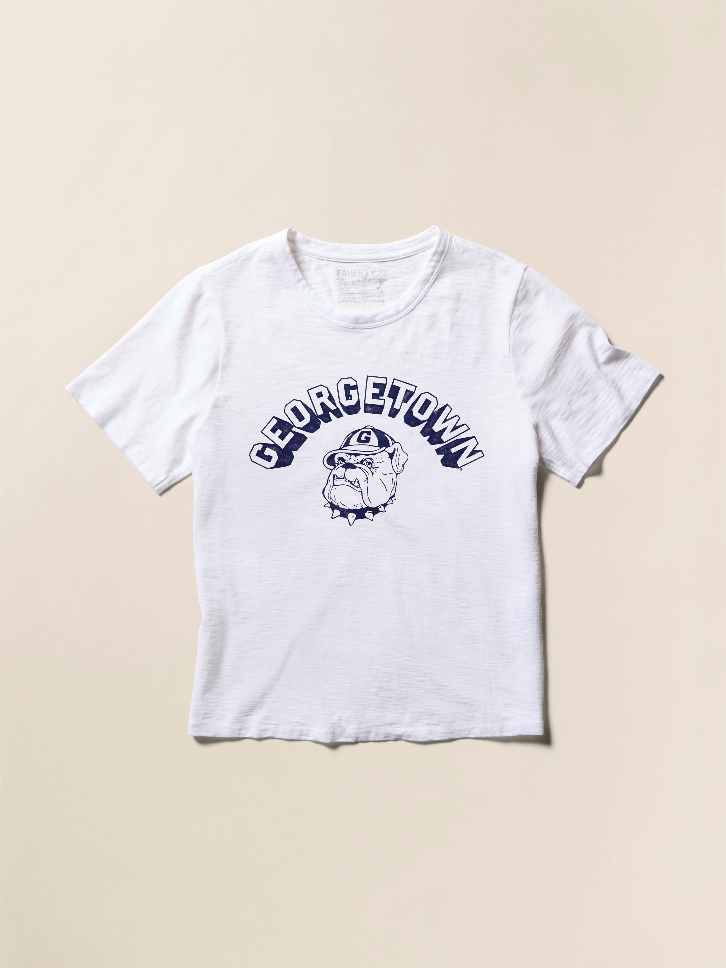 White t-shirt with Georgetown graphic on the front against a beige background