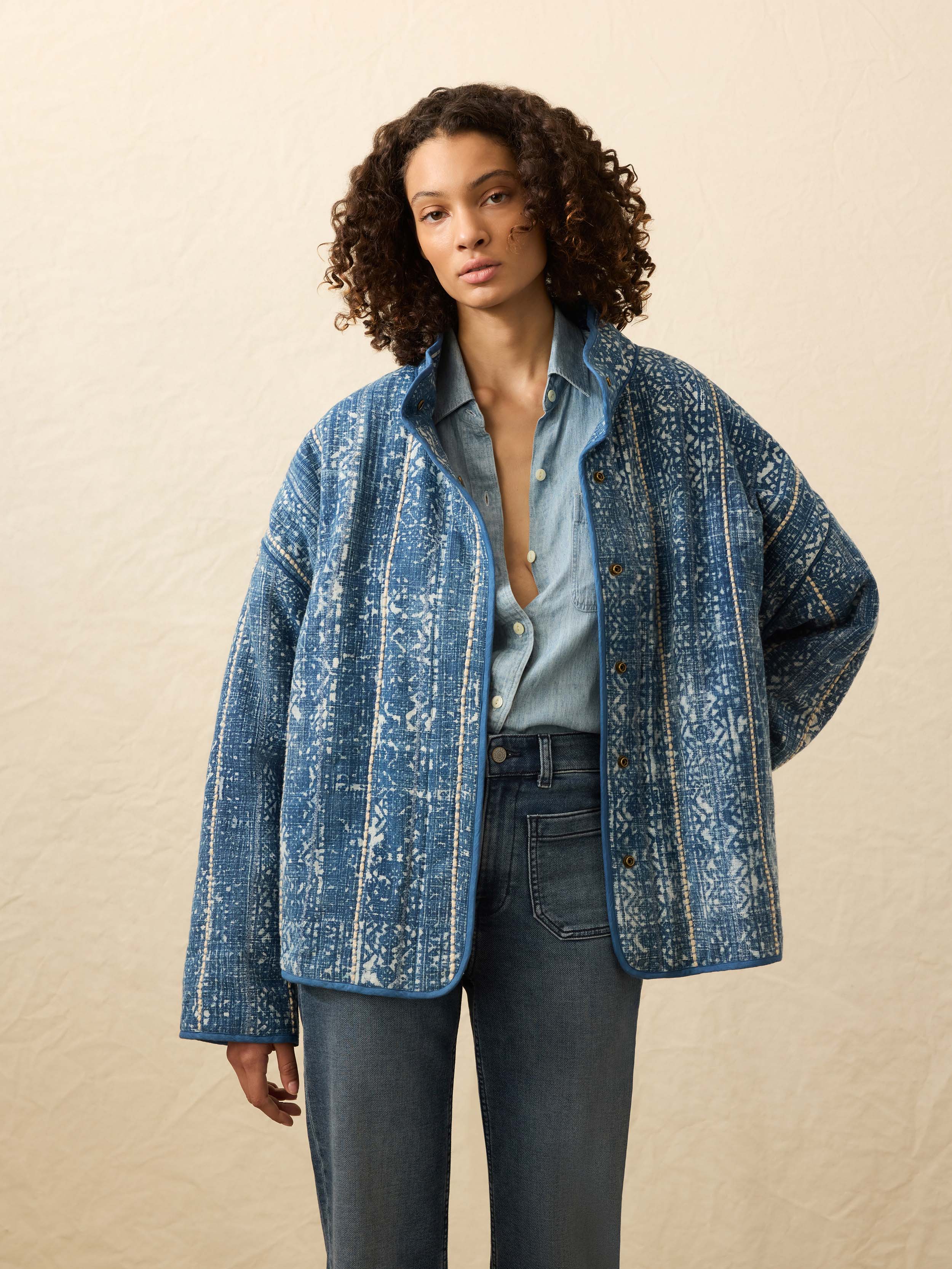 Indigo Quilted Patchwork Jacket - Akola Blockprint | Faherty Brand