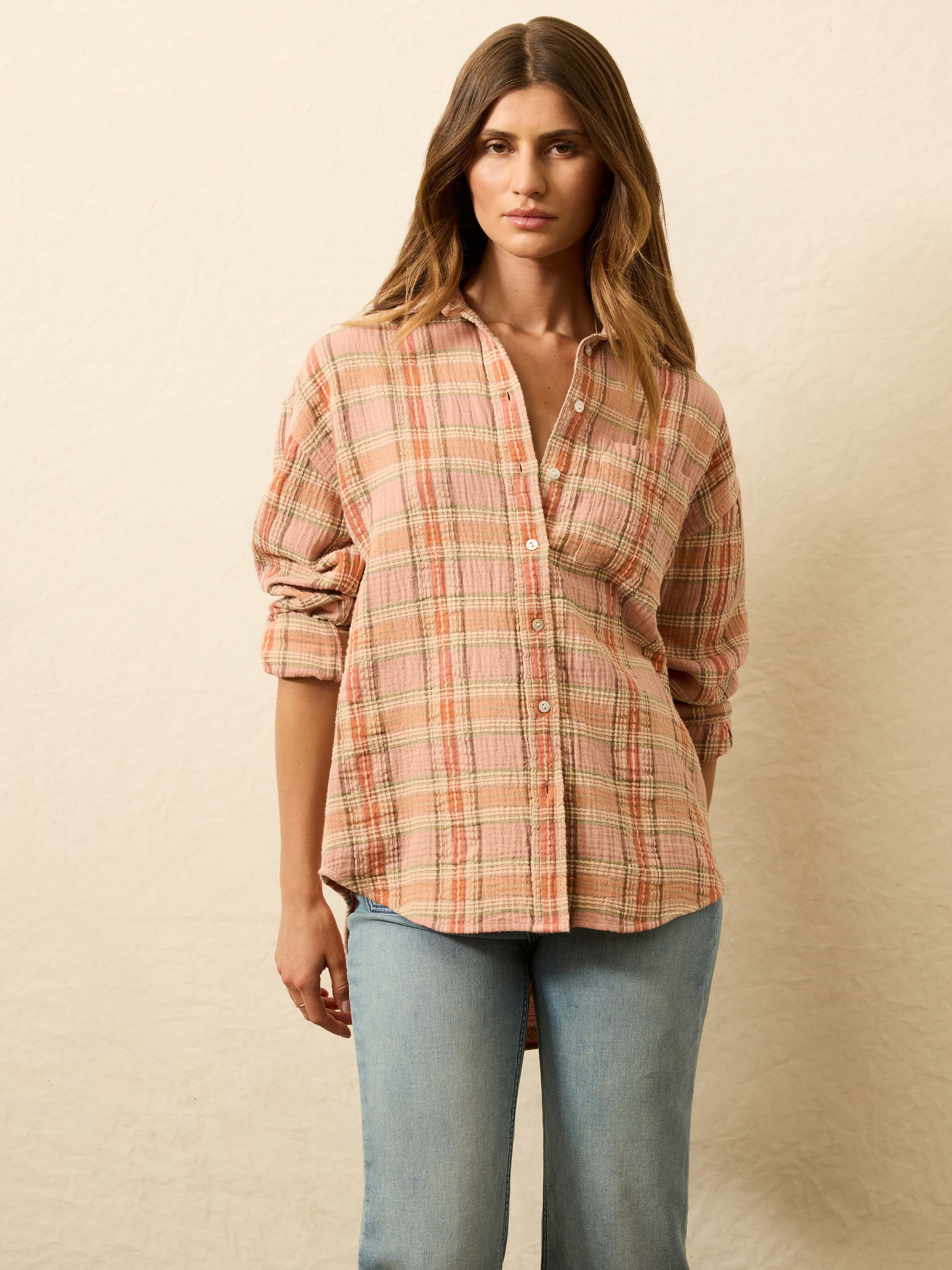 Dune Cotton Gauze Relaxed Shirt - Tinted Rose Water Plaid | Faherty Brand