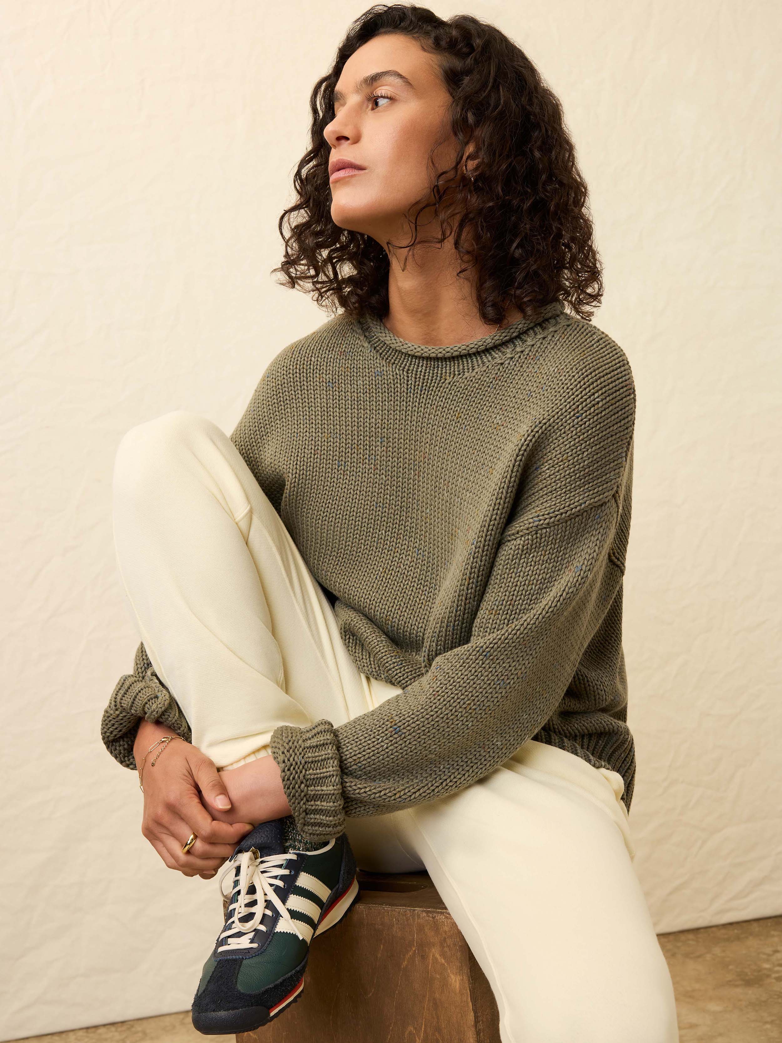 Sunwashed Cotton Roll Neck Sweater - Sage | Faherty Brand