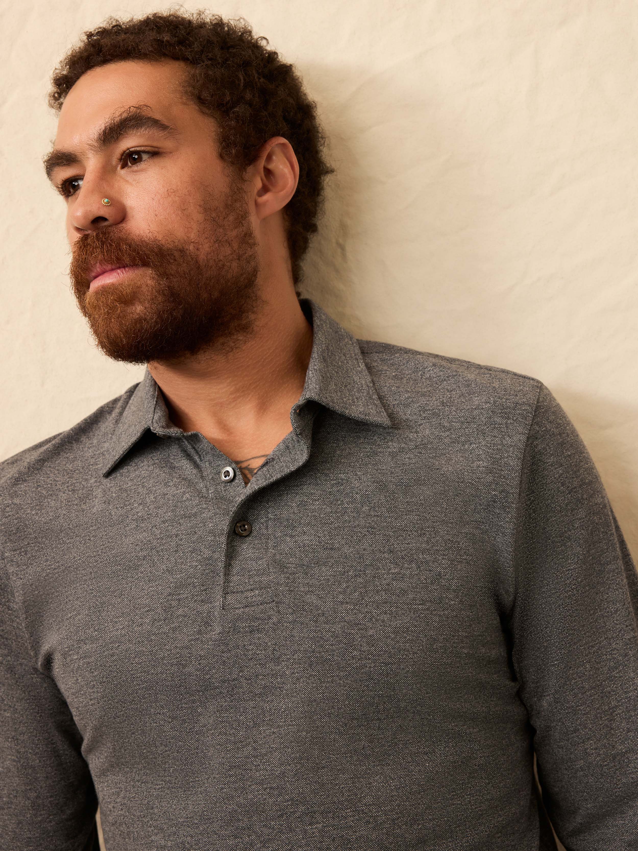 Long-Sleeve Movement™ Pique Polo - Dusty Iron Heather | Faherty Brand