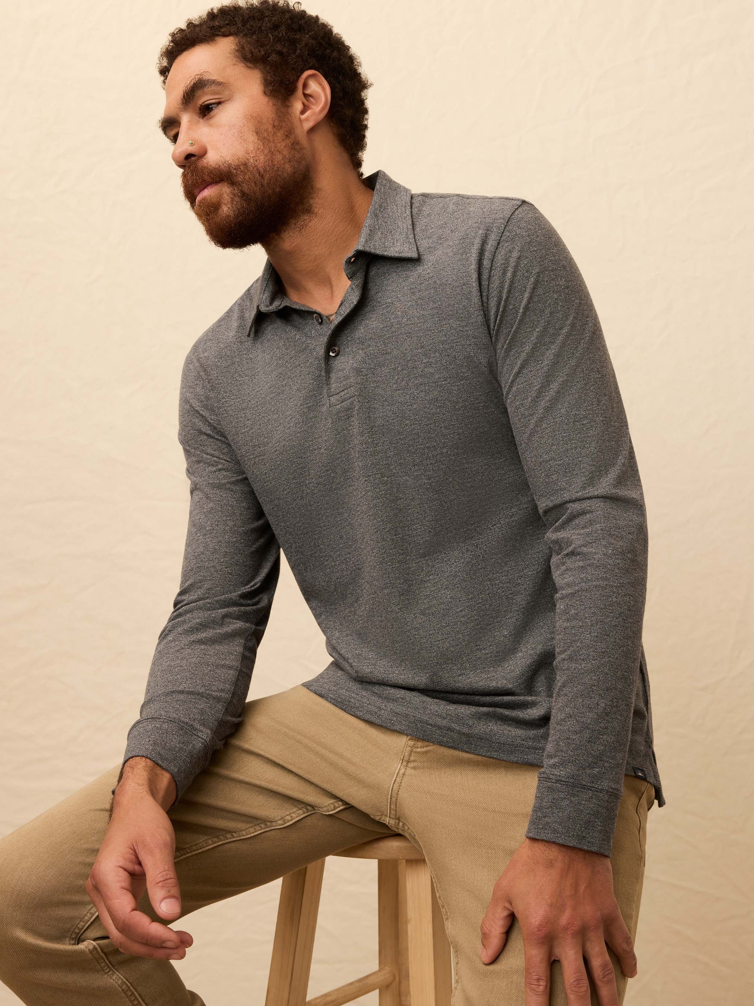Long-Sleeve Movement™ Pique Polo - Dusty Iron Heather | Faherty Brand