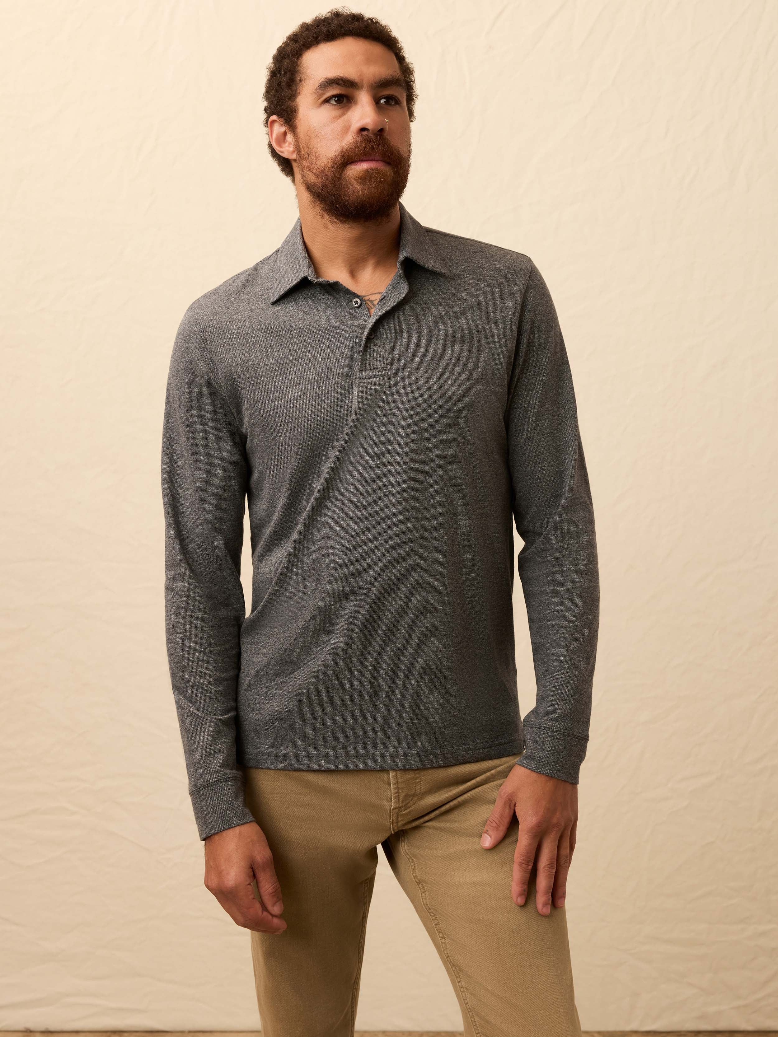 Long-Sleeve Movement™ Pique Polo - Dusty Iron Heather | Faherty Brand
