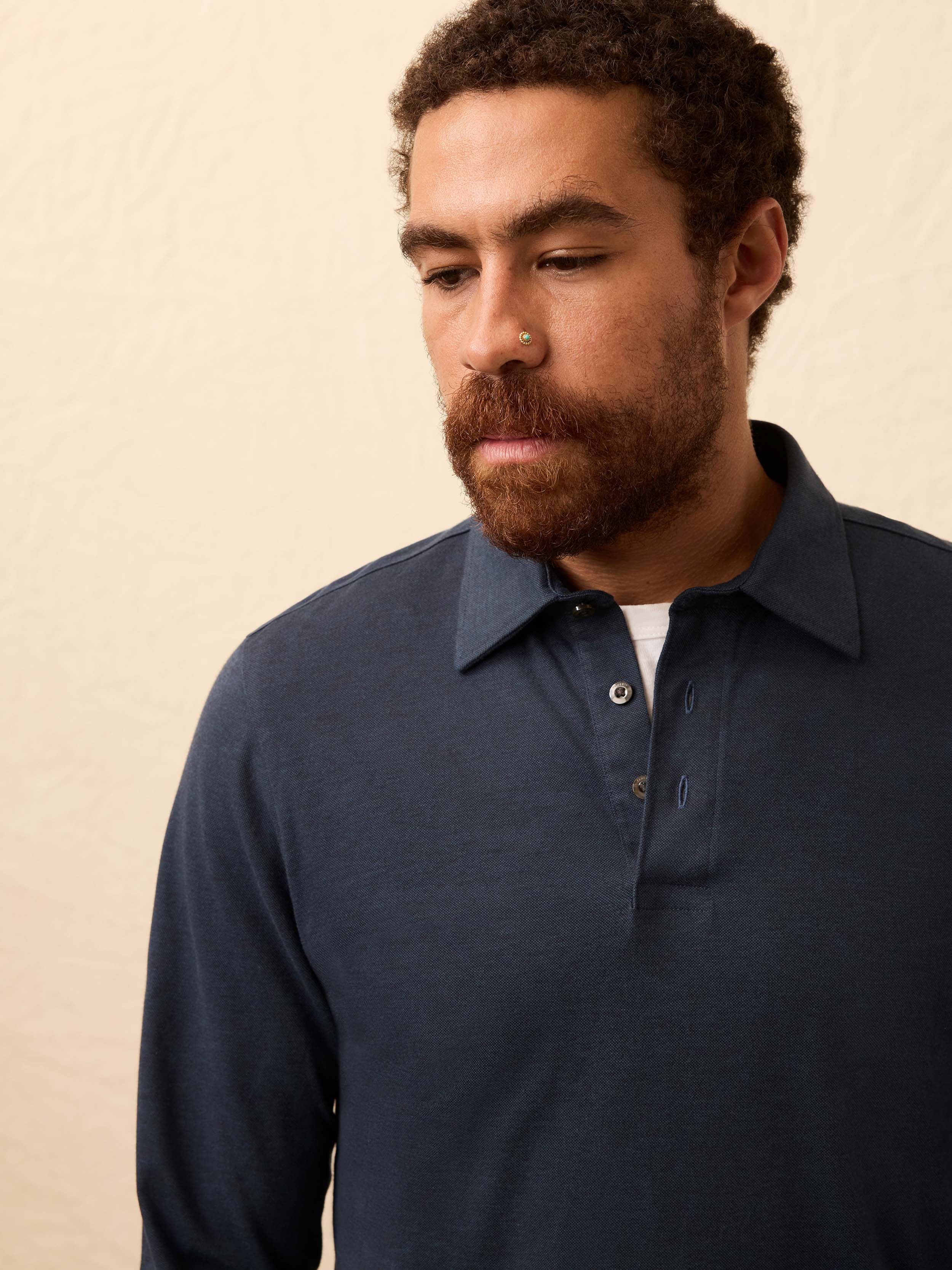 Long-Sleeve Movement™ Pique Polo - Harbor Night Heather | Faherty Brand