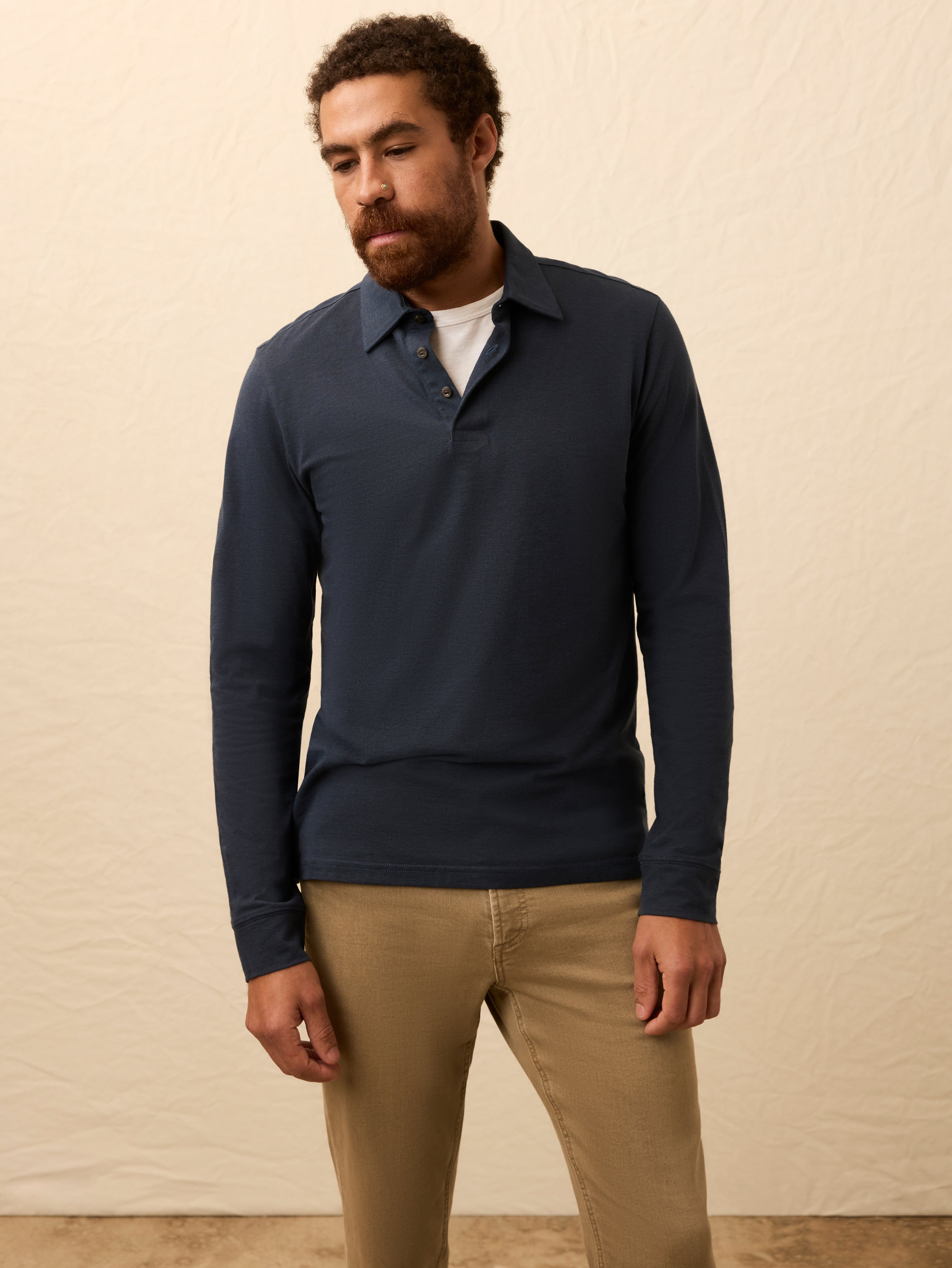 Long-Sleeve Movement™ Pique Polo - Harbor Night Heather | Faherty Brand