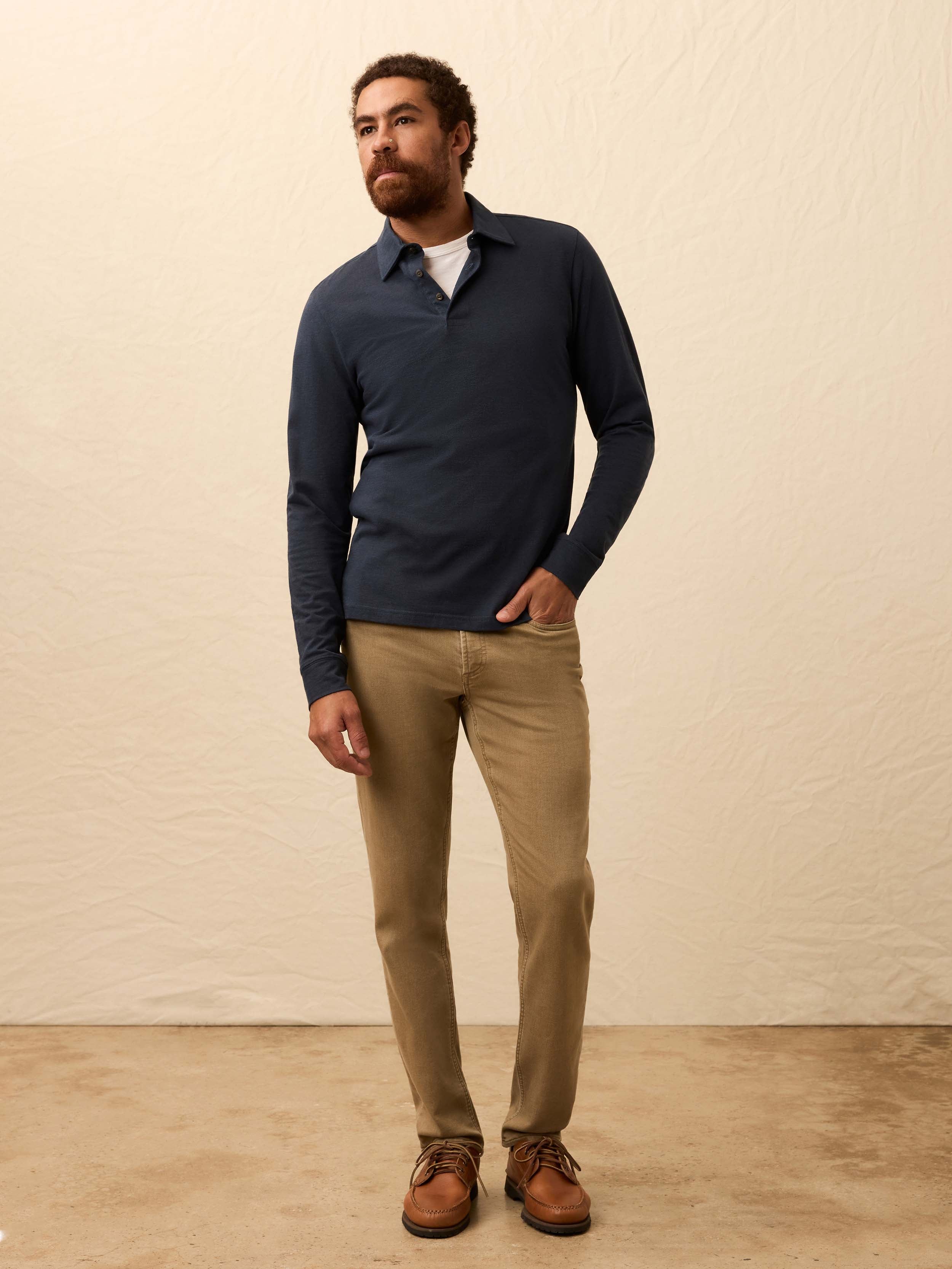 Long-Sleeve Movement™ Pique Polo - Harbor Night Heather | Faherty Brand