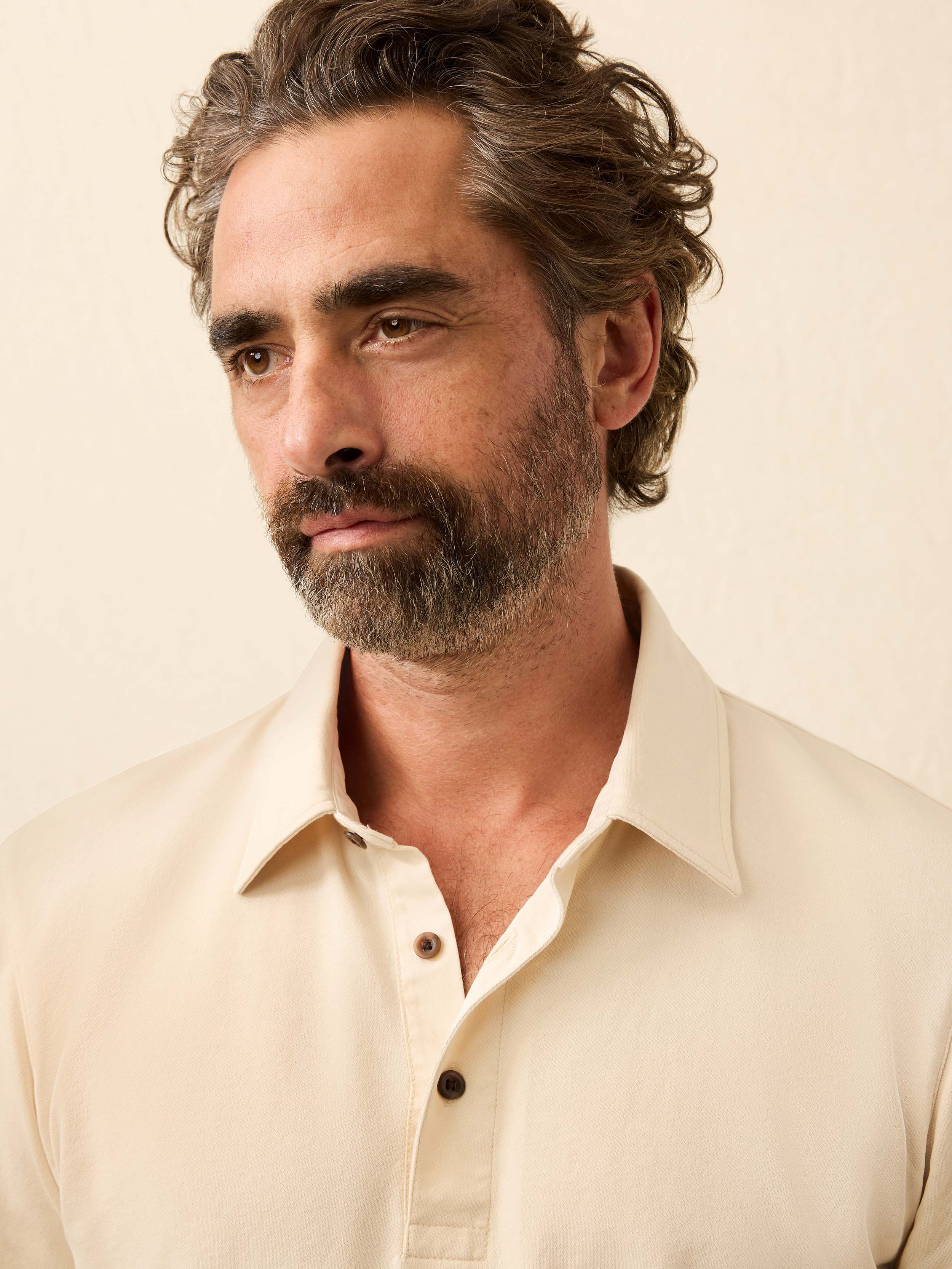 Long-Sleeve Twill Knit Polo - Coastal Cream | Faherty Brand