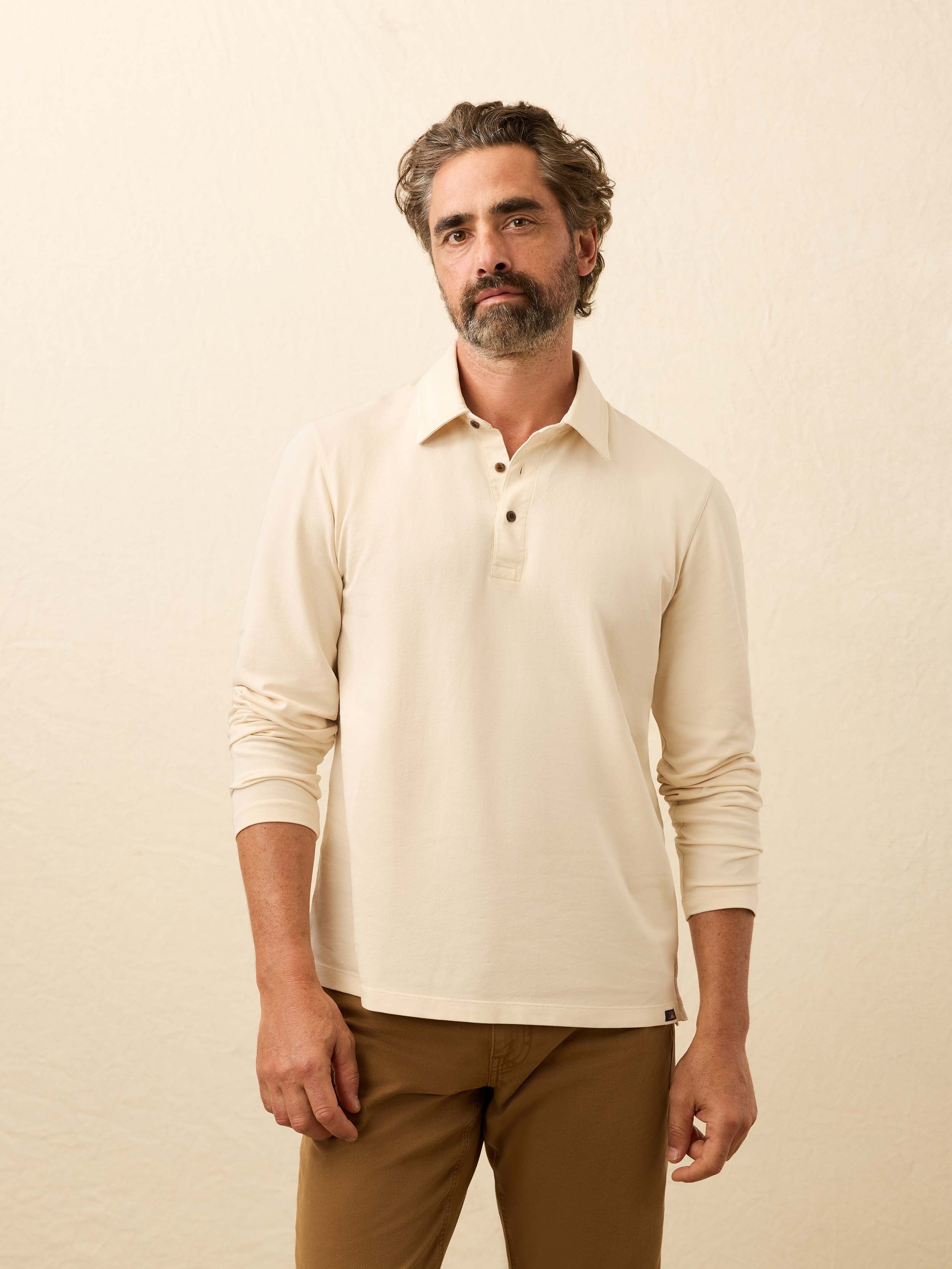 Long-Sleeve Twill Knit Polo - Coastal Cream | Faherty Brand
