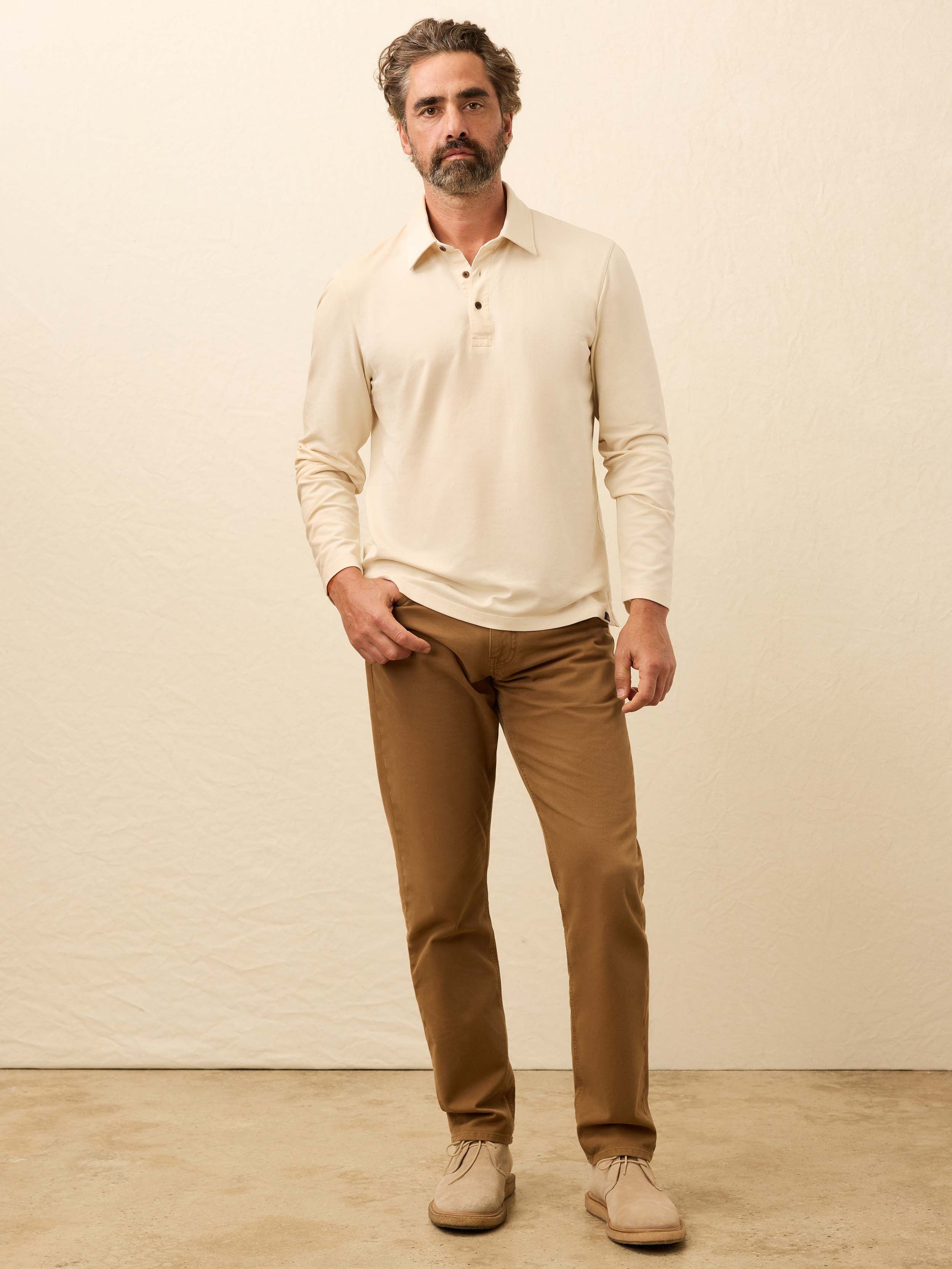 Long-Sleeve Twill Knit Polo - Coastal Cream | Faherty Brand