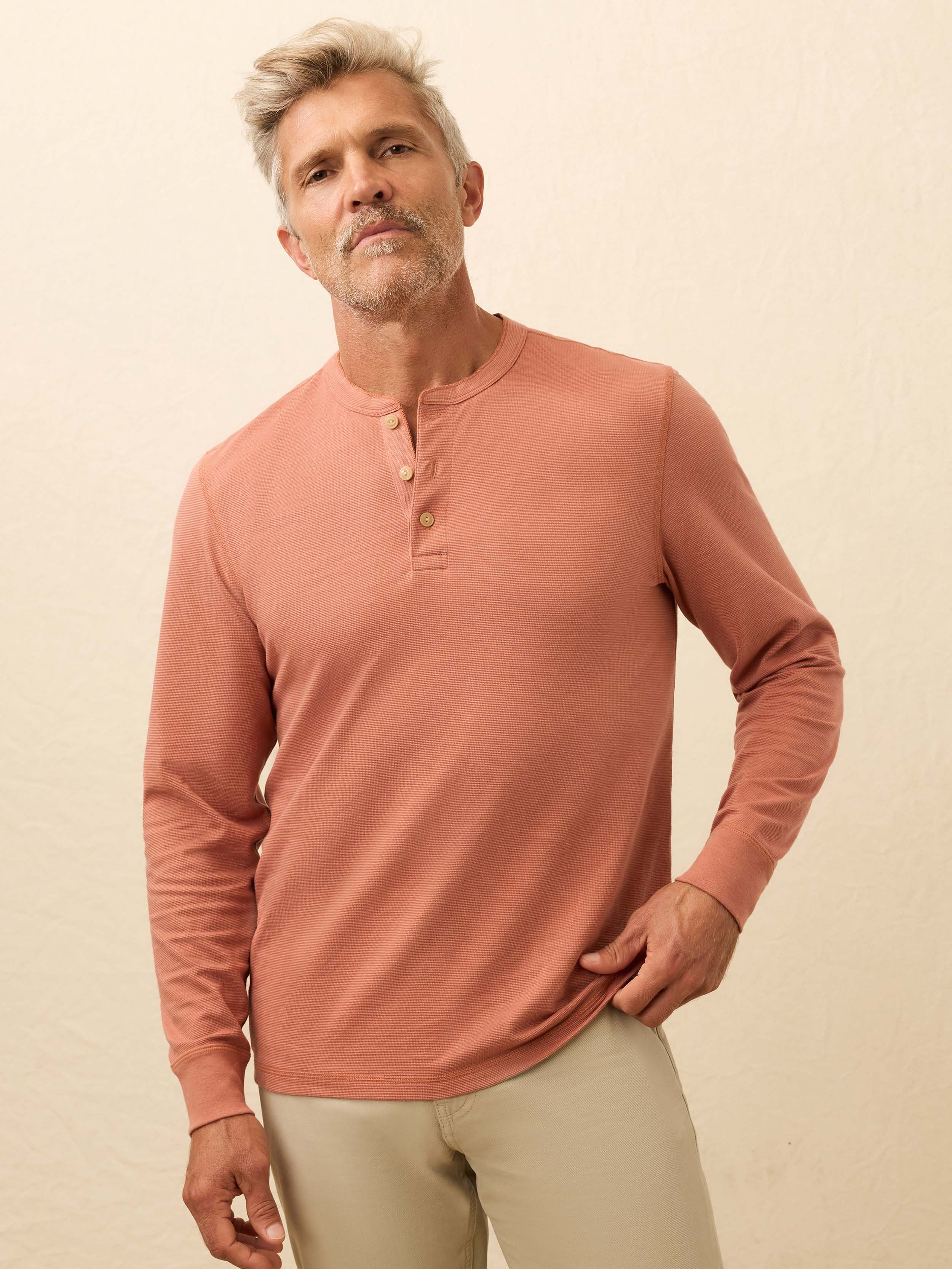 Long-Sleeve Waffle Henley - Dusty Sienna | Faherty Brand