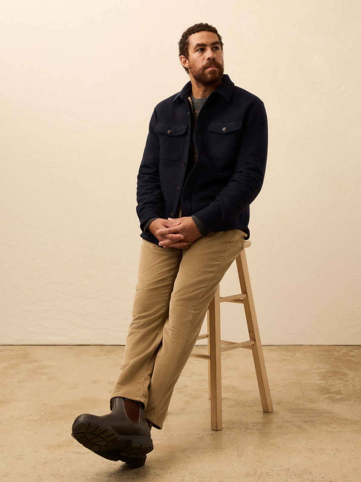 Man wearing a dark navy shirt jacket against a beige background, image 2 of 6