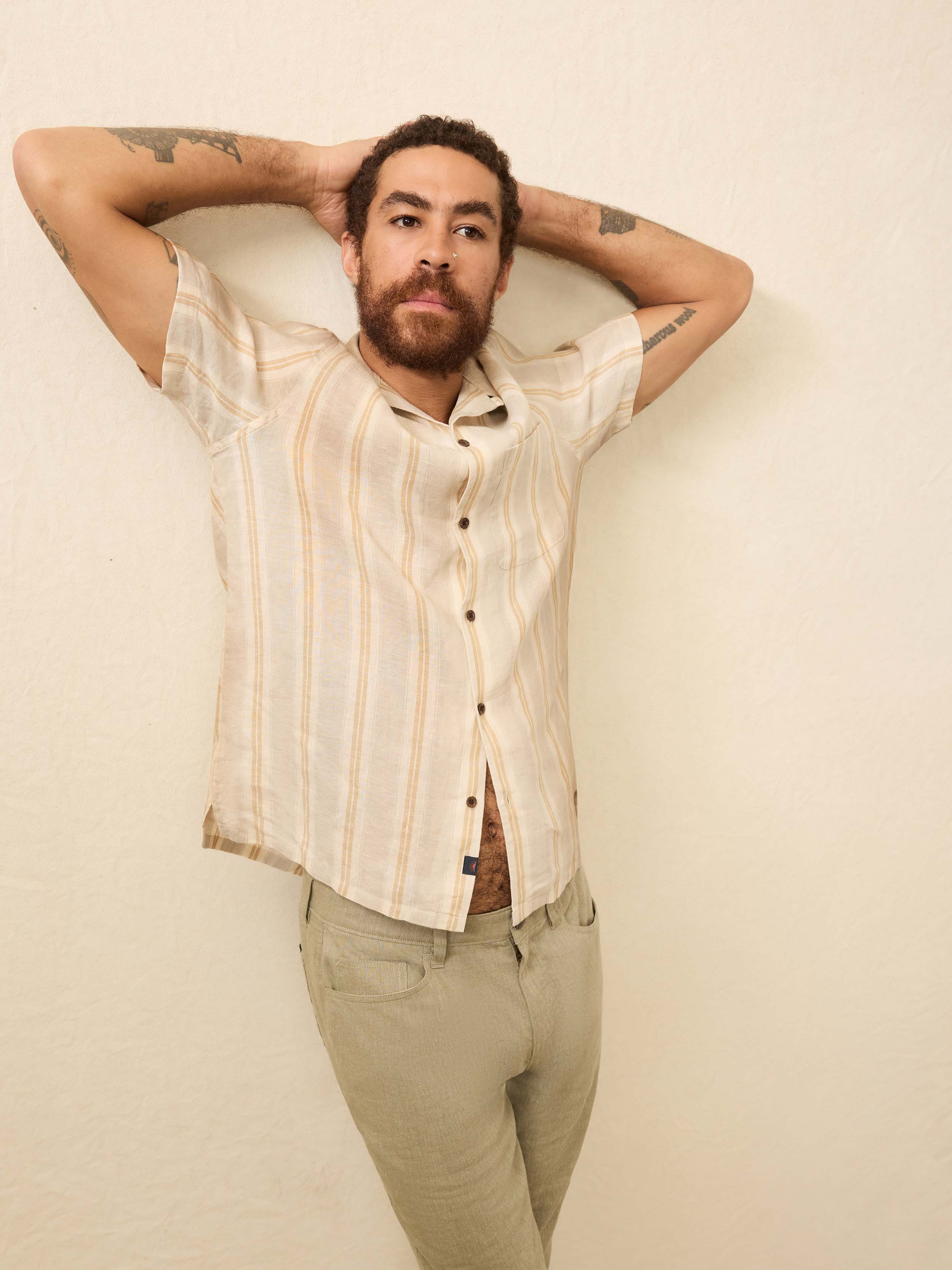 Short-Sleeve Laguna Linen Camp Shirt - Oak Island Stripe | Faherty Brand