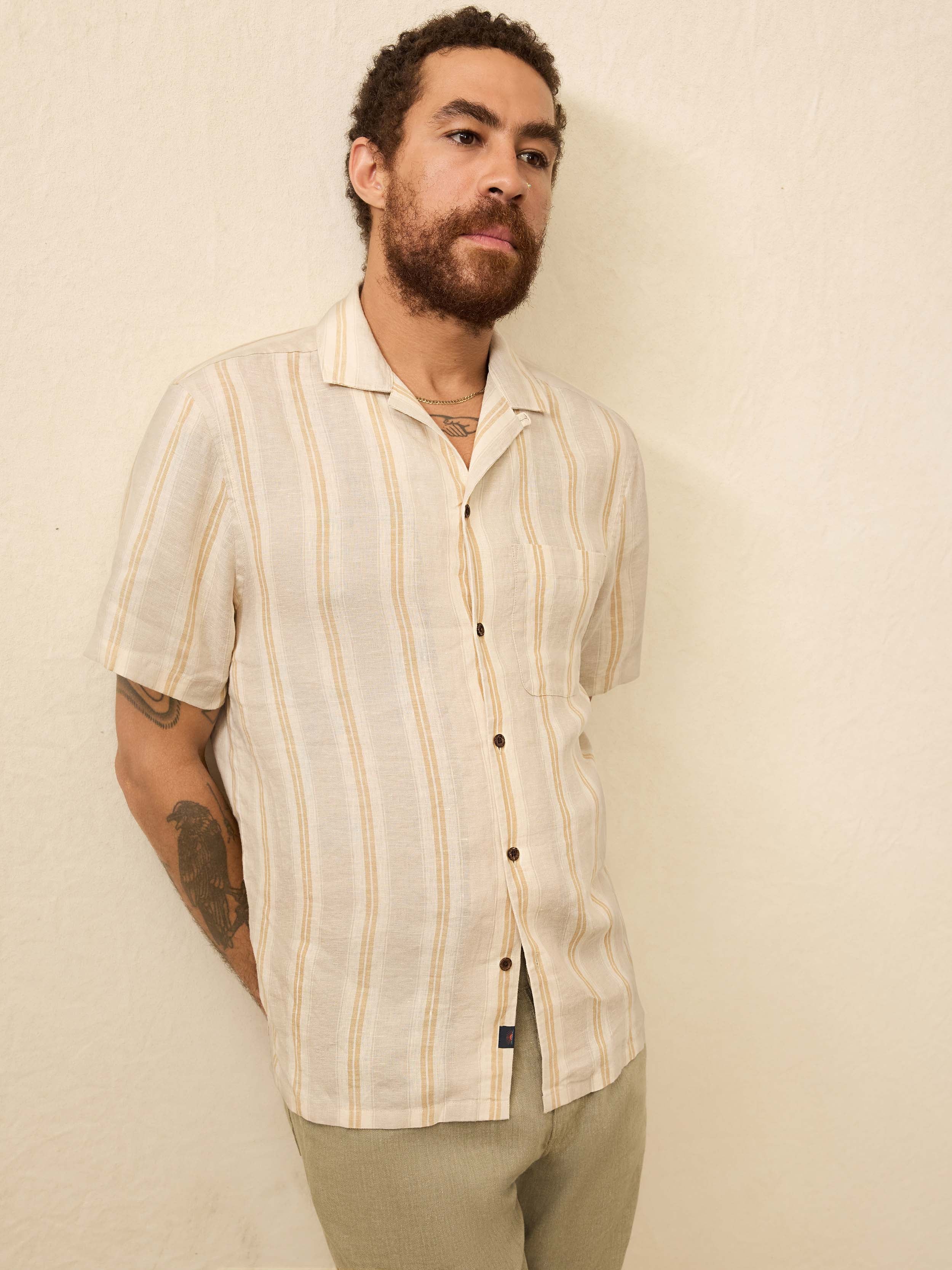 Short-Sleeve Laguna Linen Camp Shirt - Oak Island Stripe | Faherty Brand