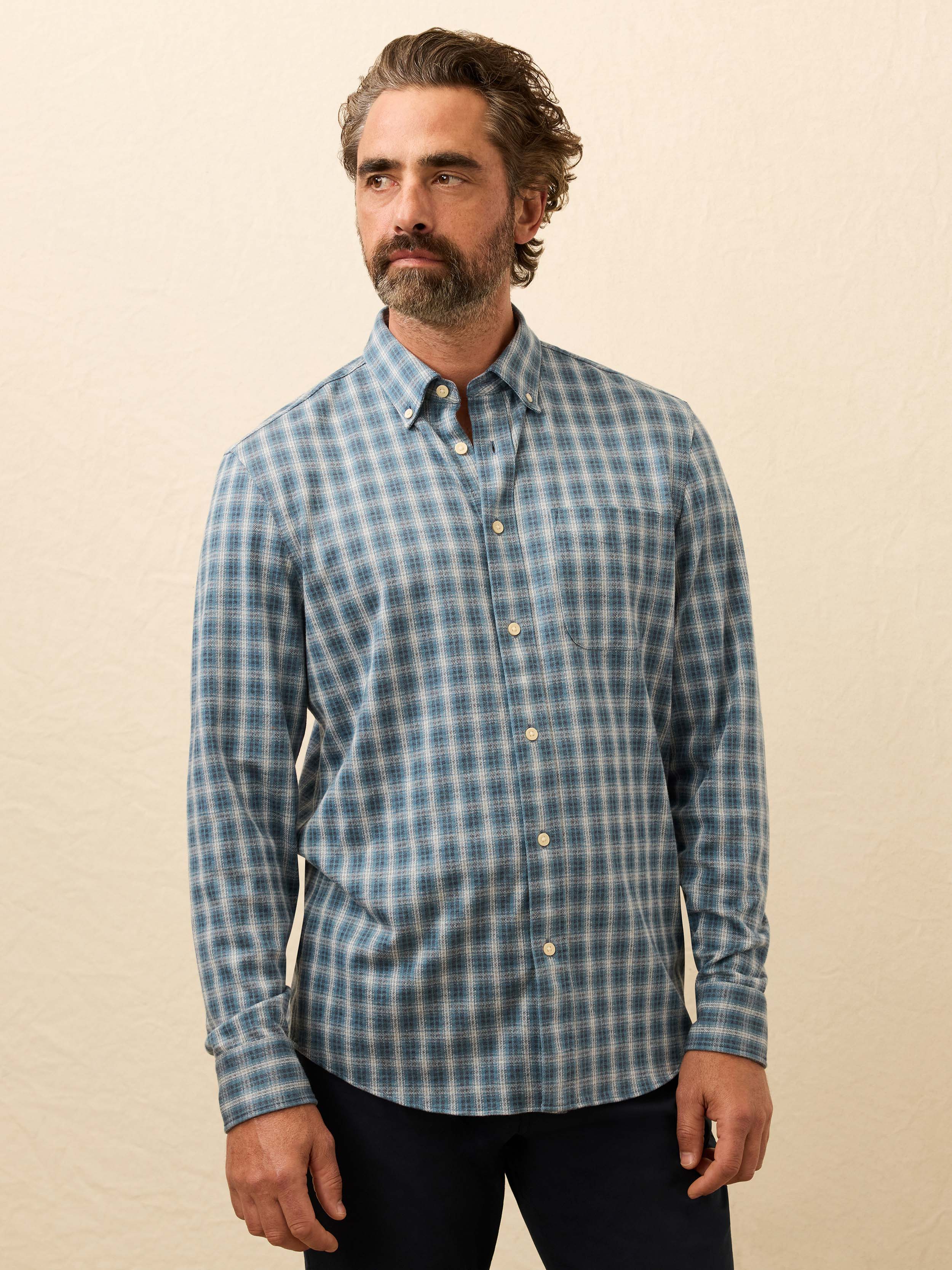 Coastline Knit Shirt - Azure Night Plaid | Faherty Brand