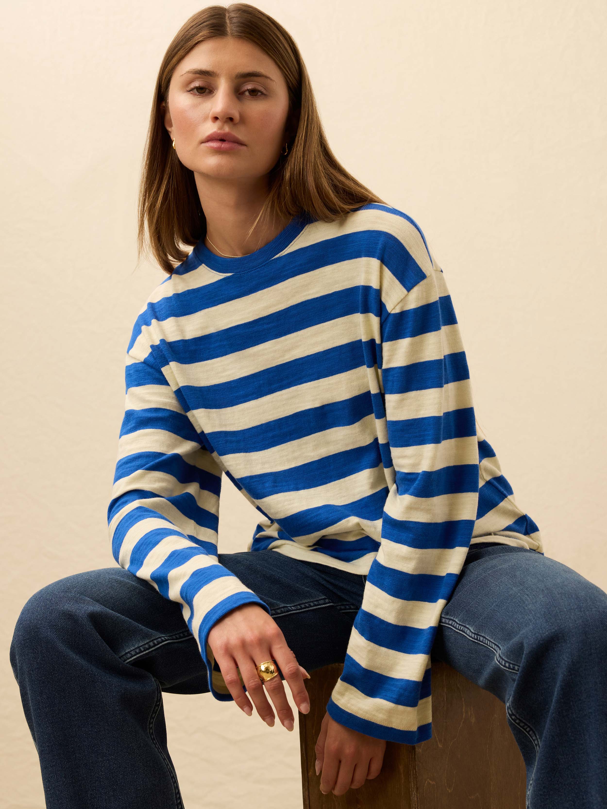 Sunwashed Organic Long-Sleeve Retro Tee - Sea Stripe | Faherty Brand