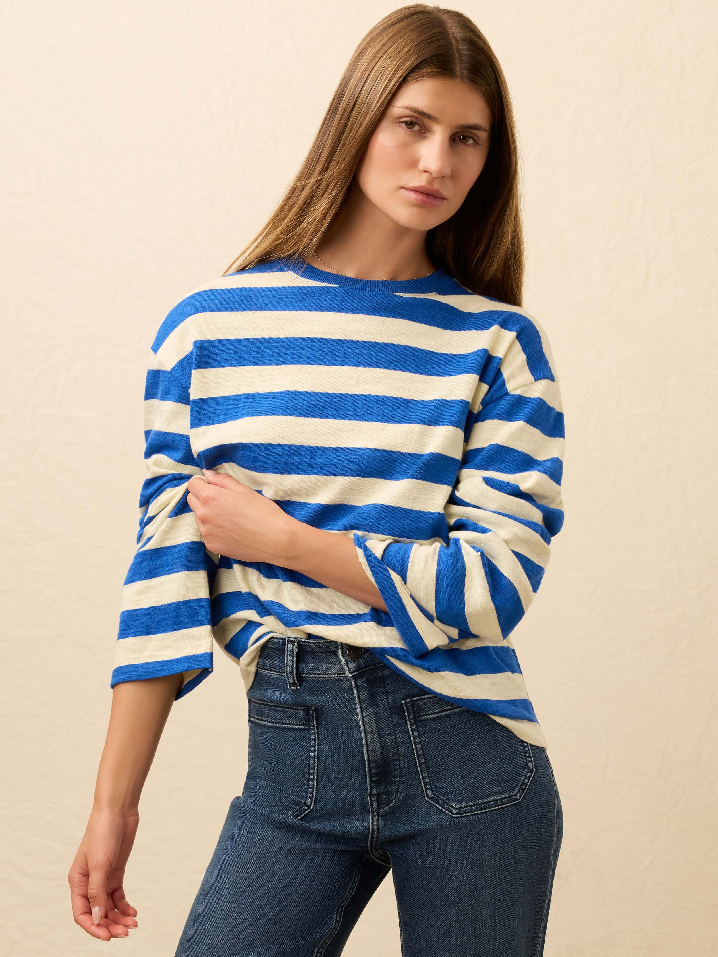Sunwashed Organic Long-Sleeve Retro Tee - Sea Stripe | Faherty Brand