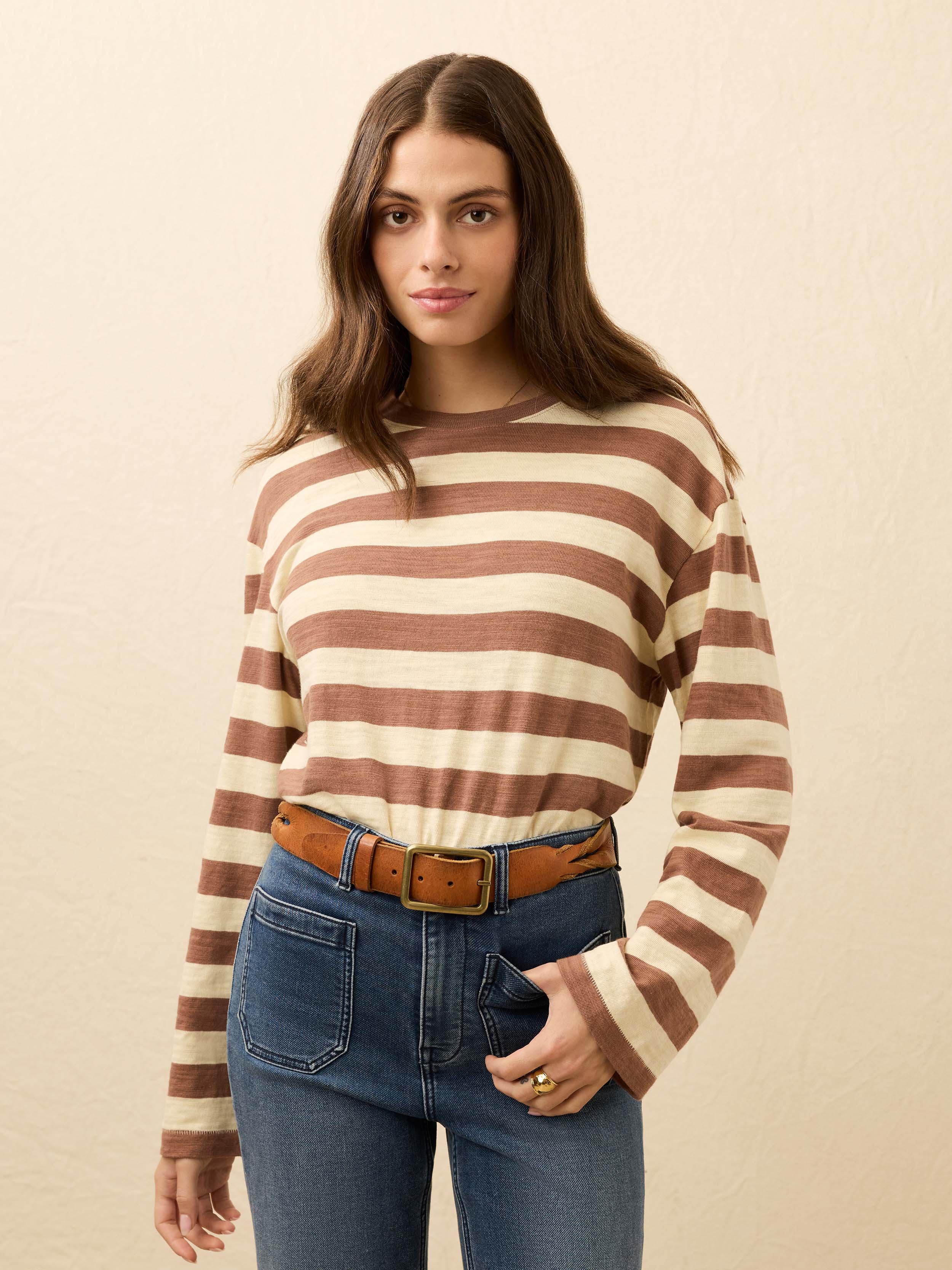 Sunwashed Organic Long-Sleeve Retro Tee - Nutmeg Stripe | Faherty Brand