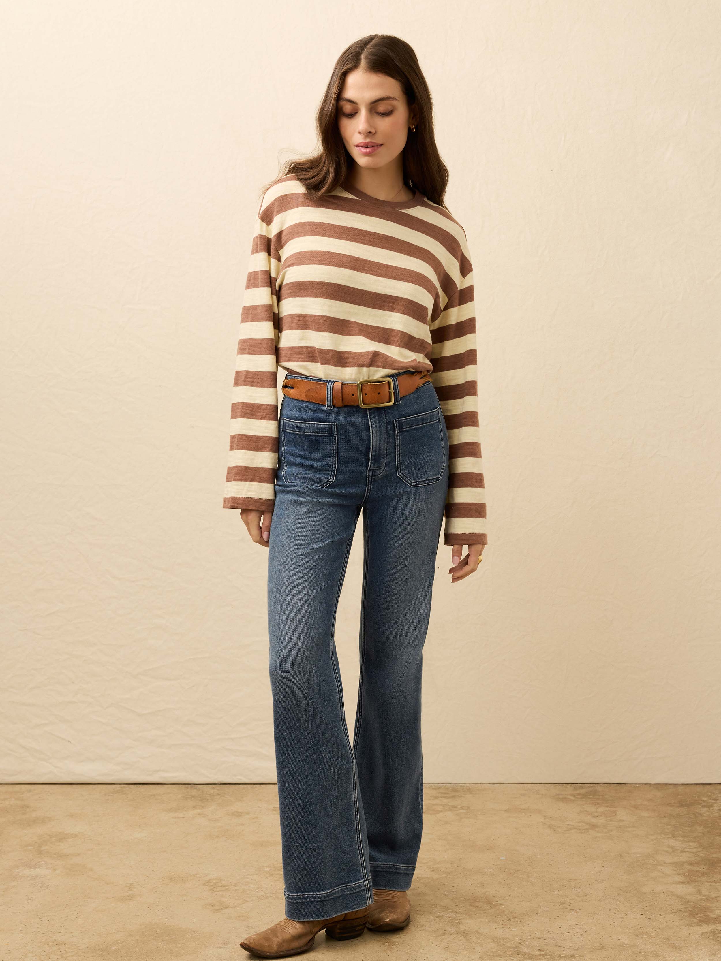 Sunwashed Organic Long-Sleeve Retro Tee - Nutmeg Stripe | Faherty Brand