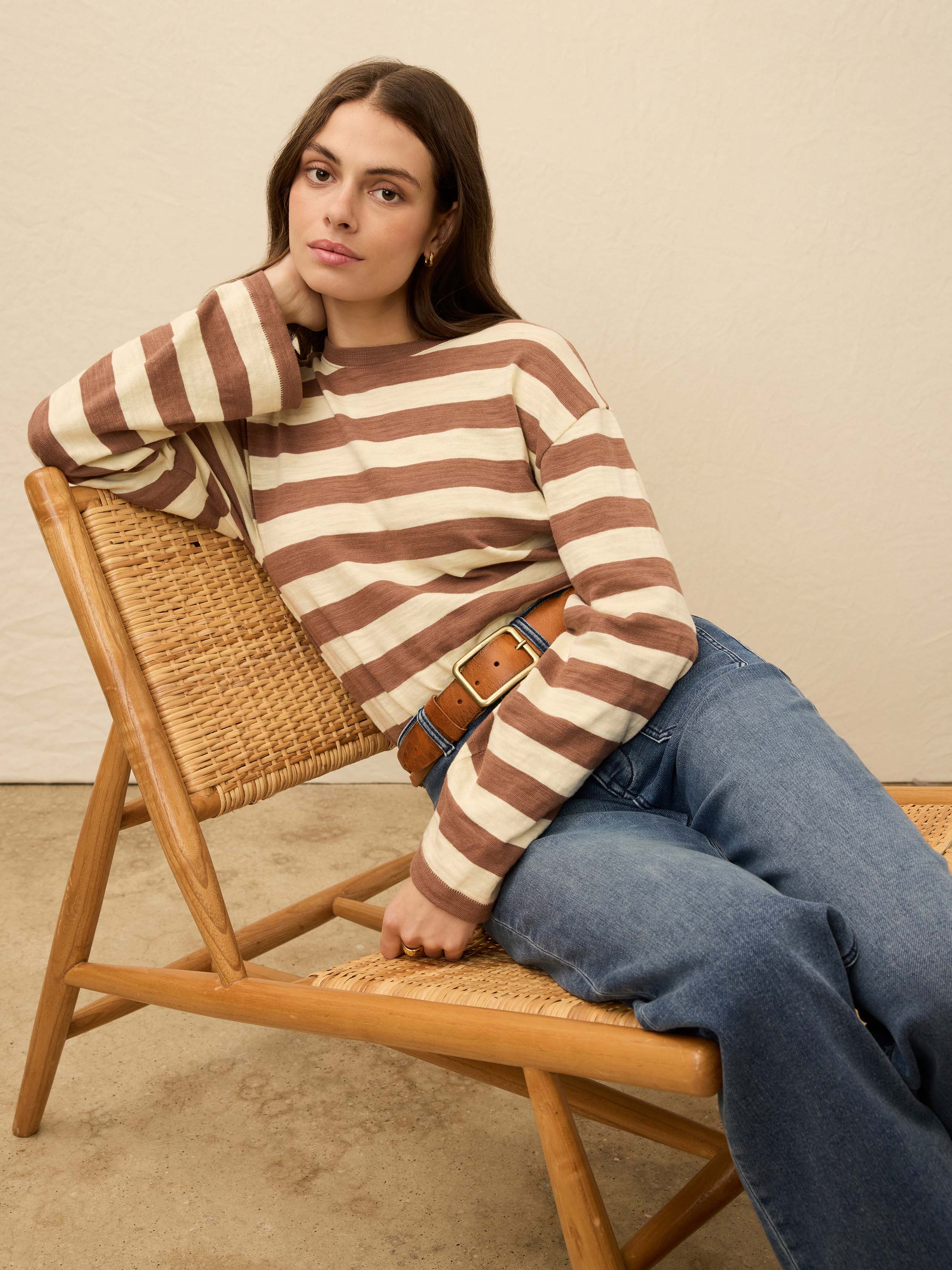 Sunwashed Organic Long-Sleeve Retro Tee - Nutmeg Stripe | Faherty Brand