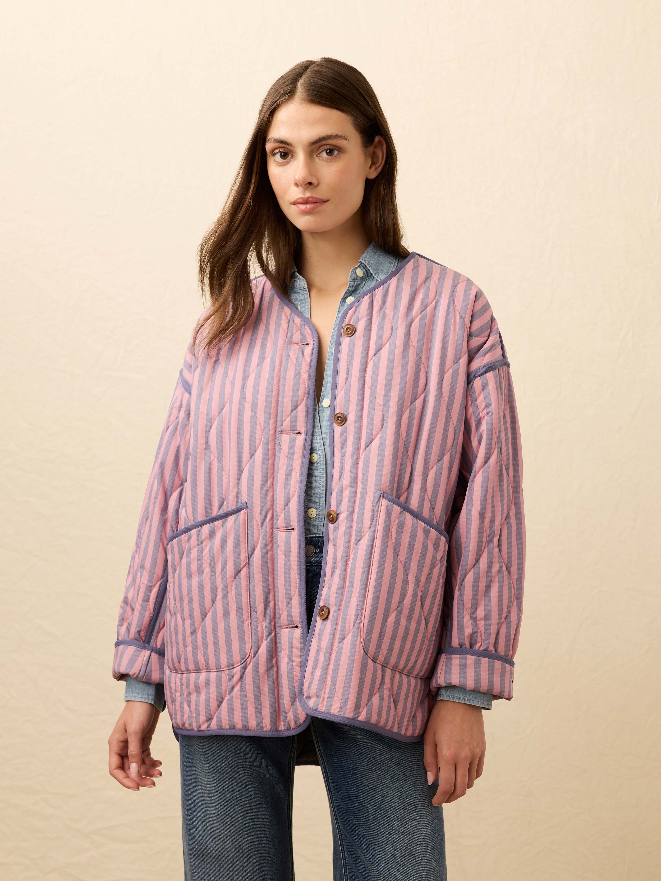 Horizon Series Quilted Jacket - Berry Lucy Stripe | Faherty Brand