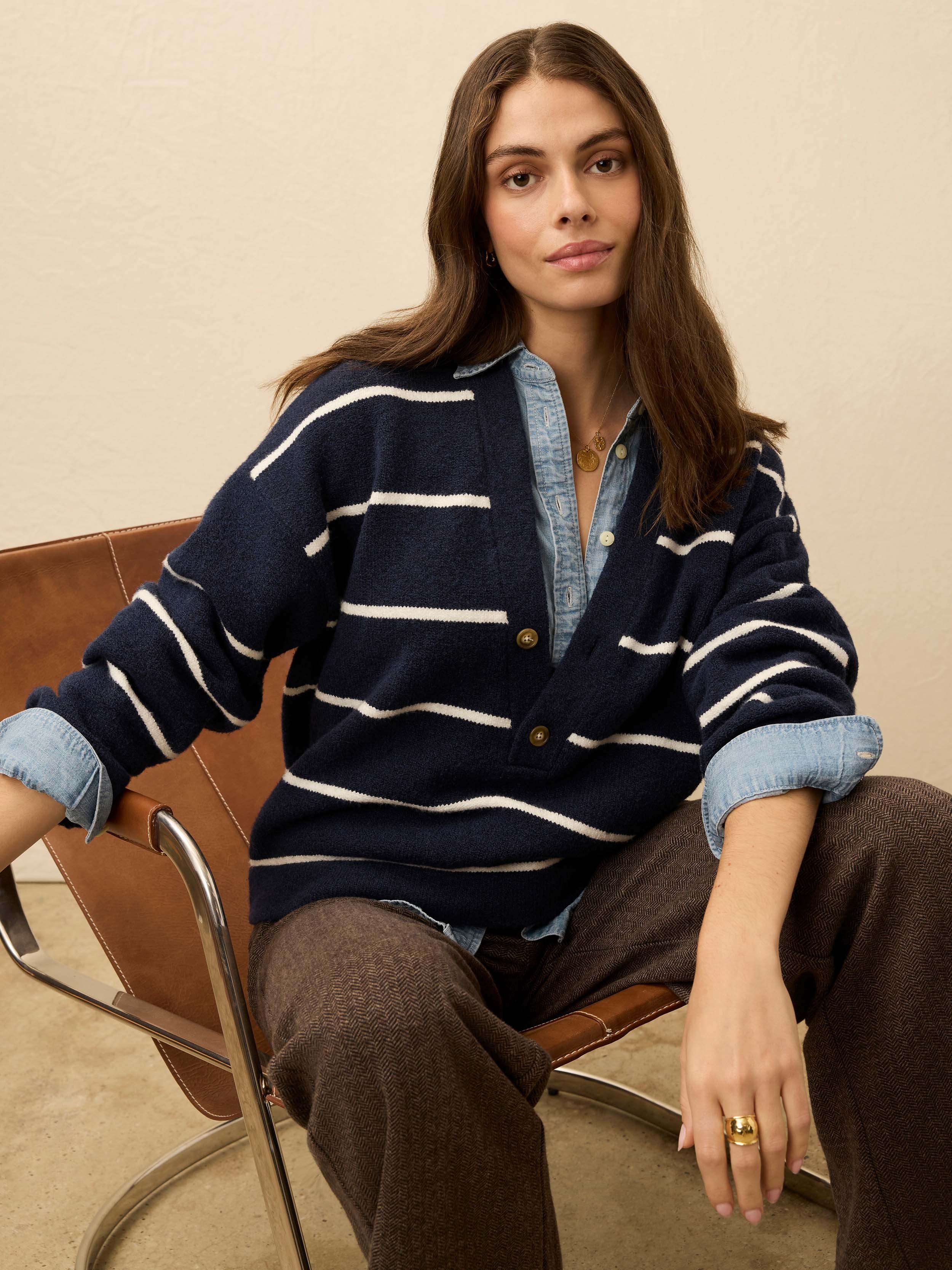 Jackson V Neck Popover - Norman Navy Stripe | Faherty Brand