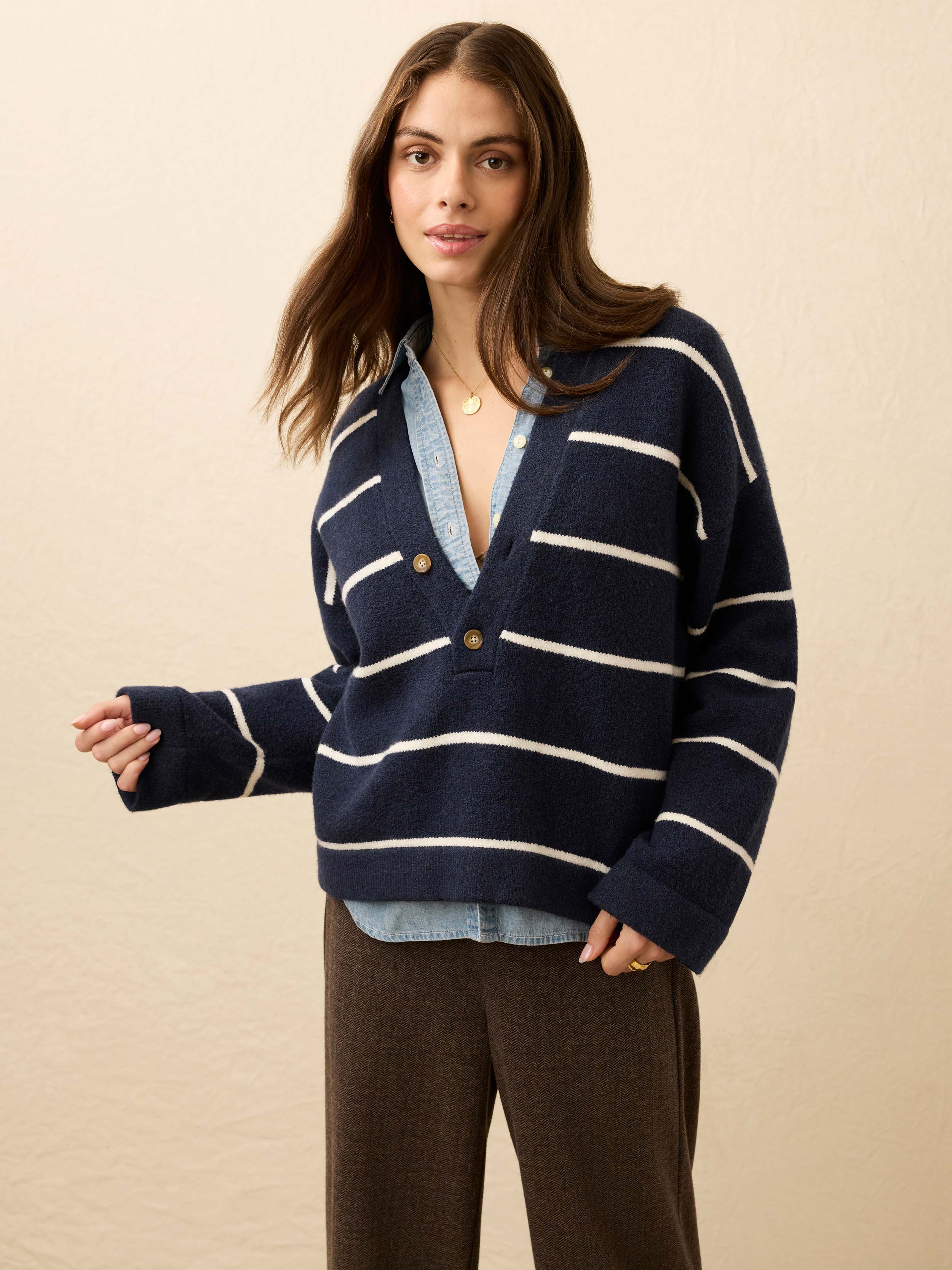 Jackson V Neck Popover - Norman Navy Stripe | Faherty Brand