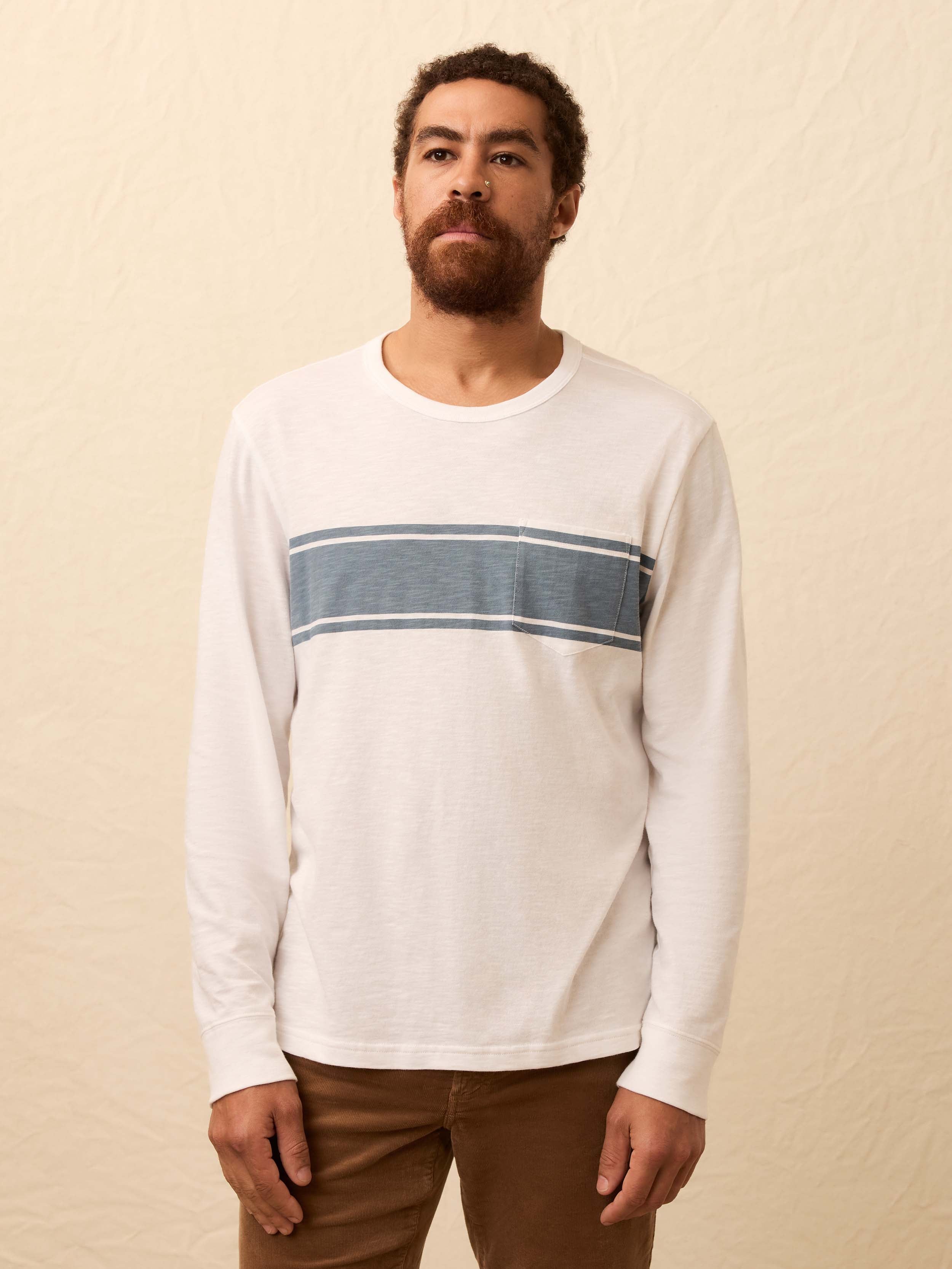 Long-Sleeve Sunwashed Pocket Tee - White Surf Stripe | Faherty Brand