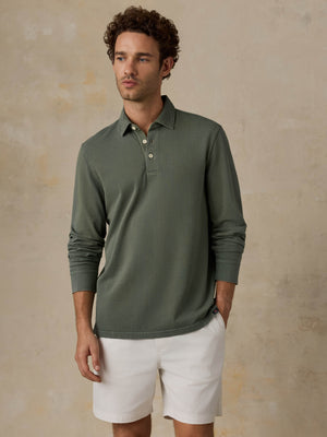 Long-Sleeve Sunwashed Pique Polo - Ridge Olive
