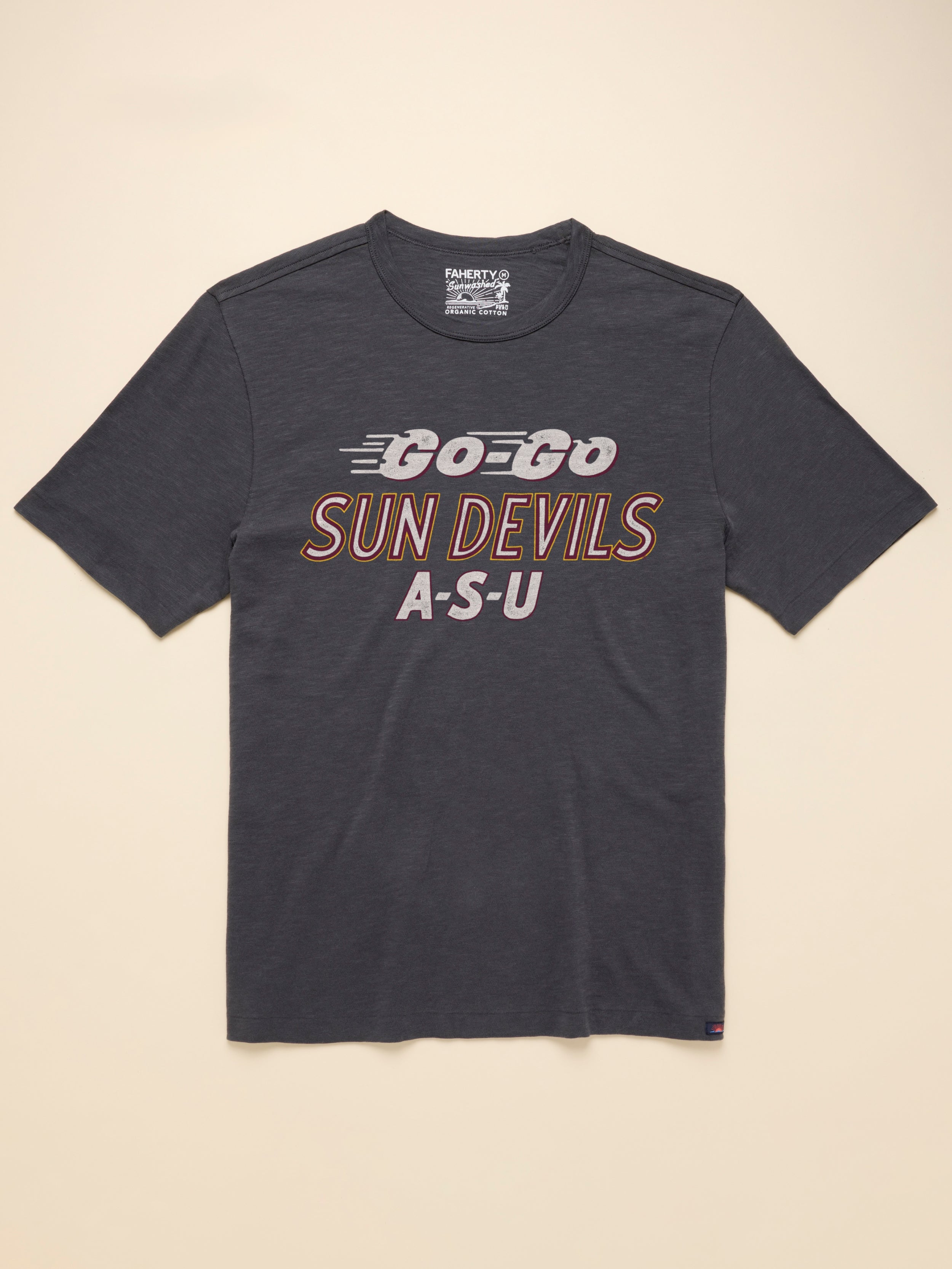 Grey short sleeve t-shirt with Arizona State University graphic on the center front against a beige background