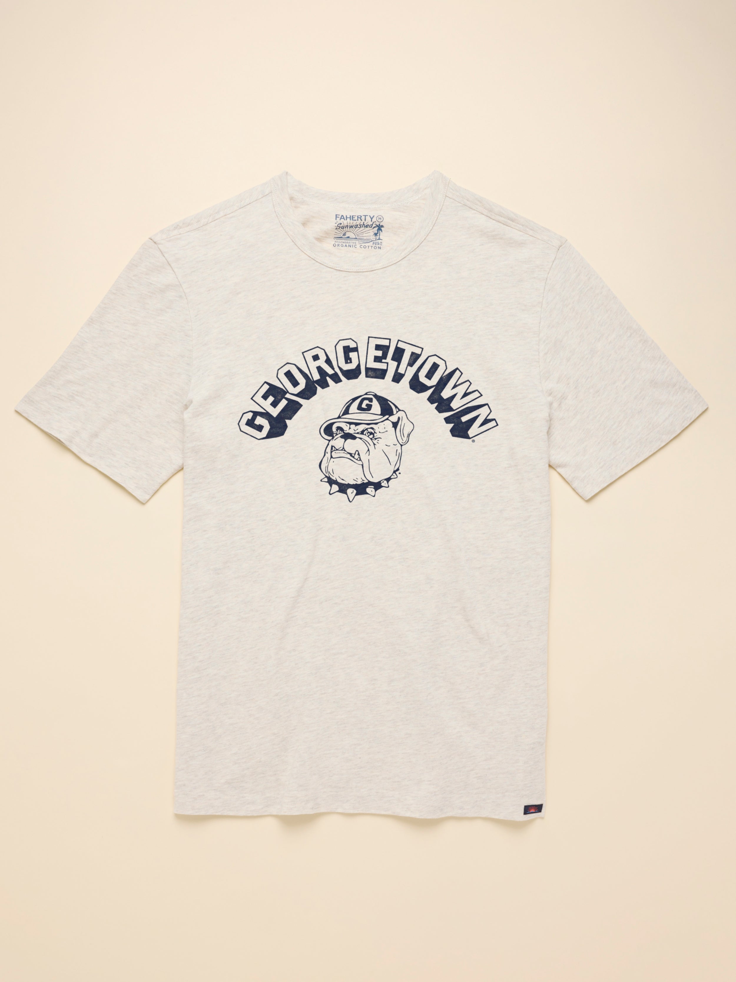 Heather grey short sleeve t-shirt with Georgetown graphic at the front against a beige background