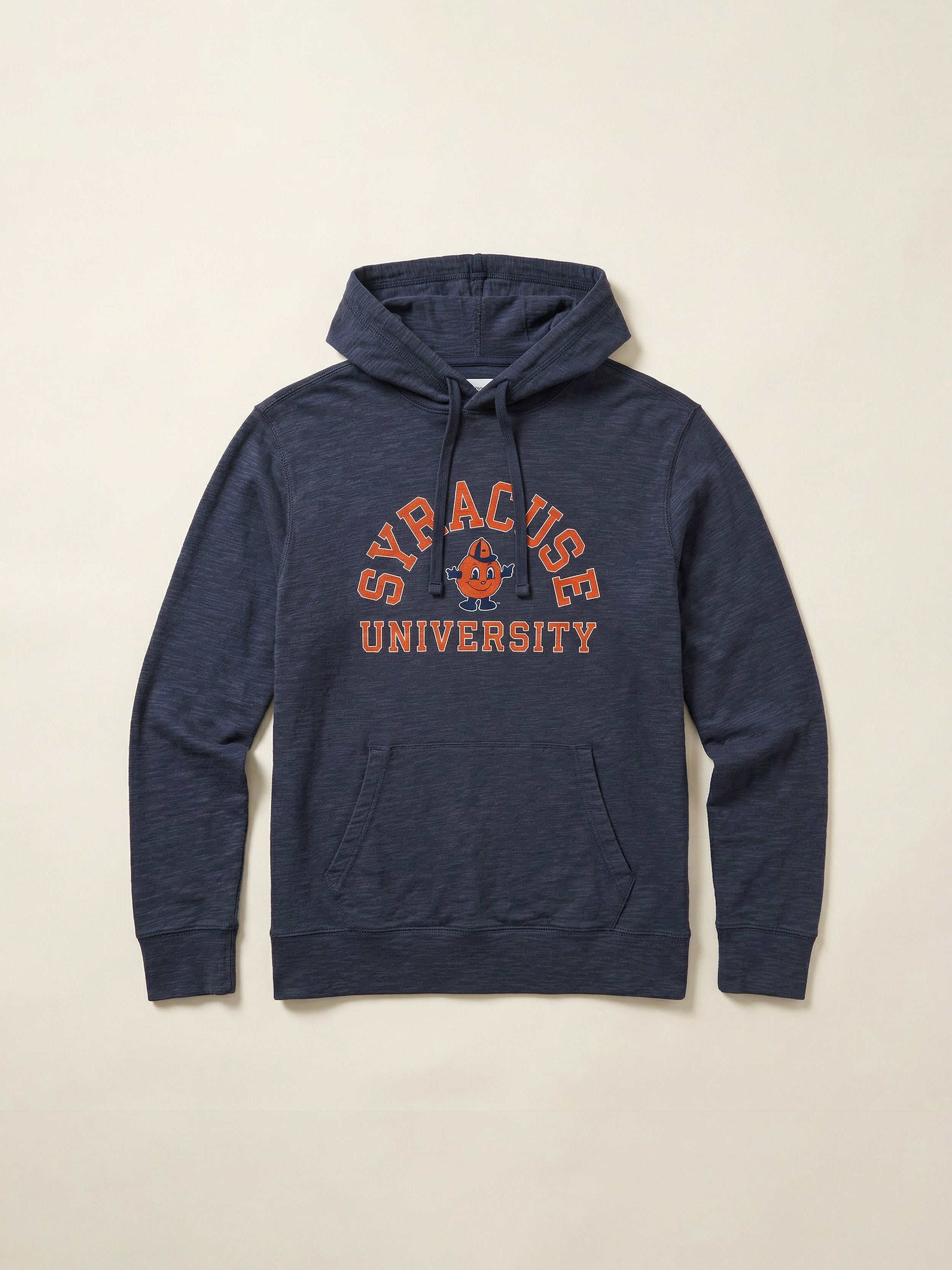 Navy hoodie with Syracuse University graphic on the center chest against a beige background