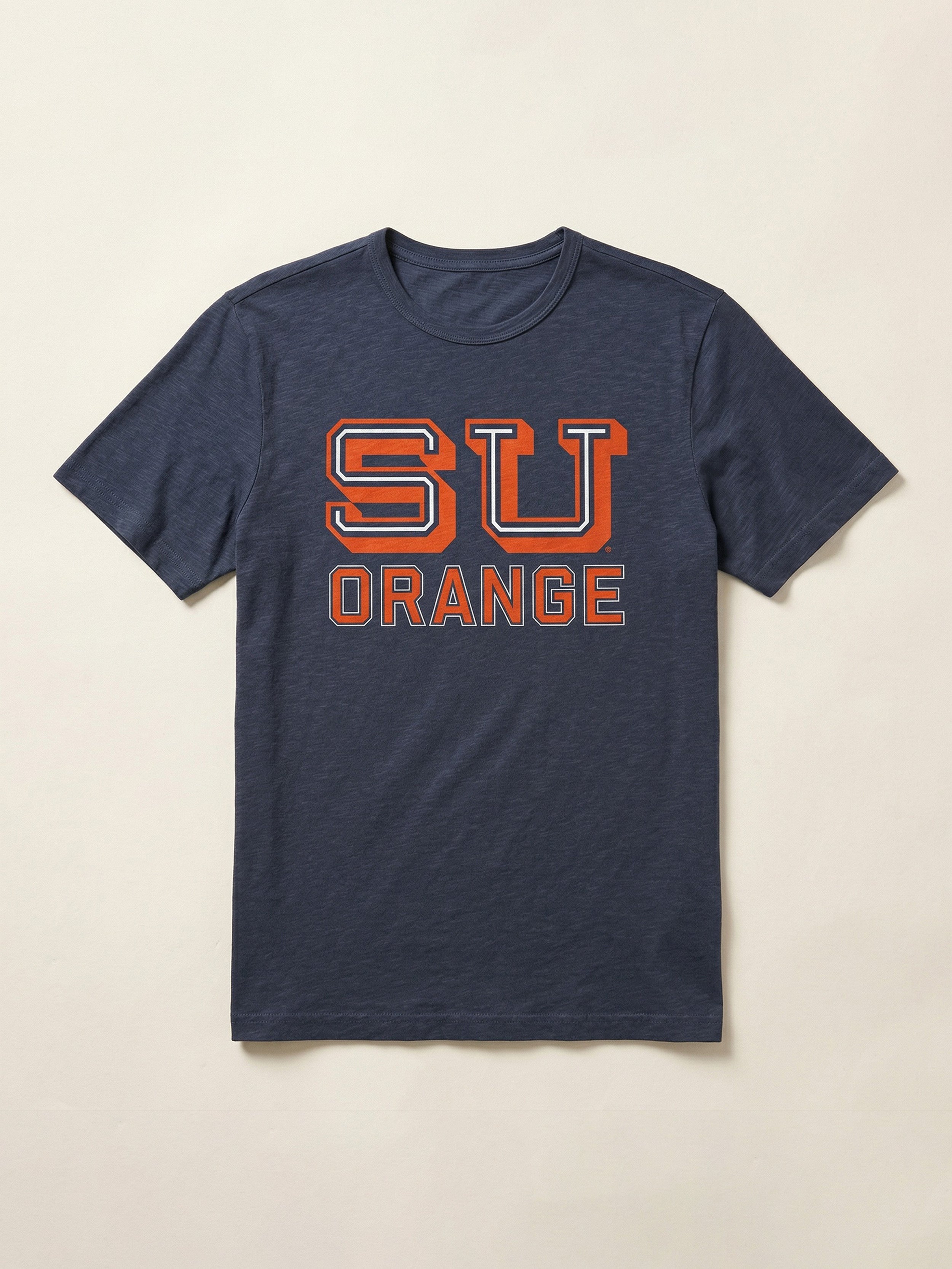 Navy t-shirt with Syracuse University graphic on the center chest against a beige background