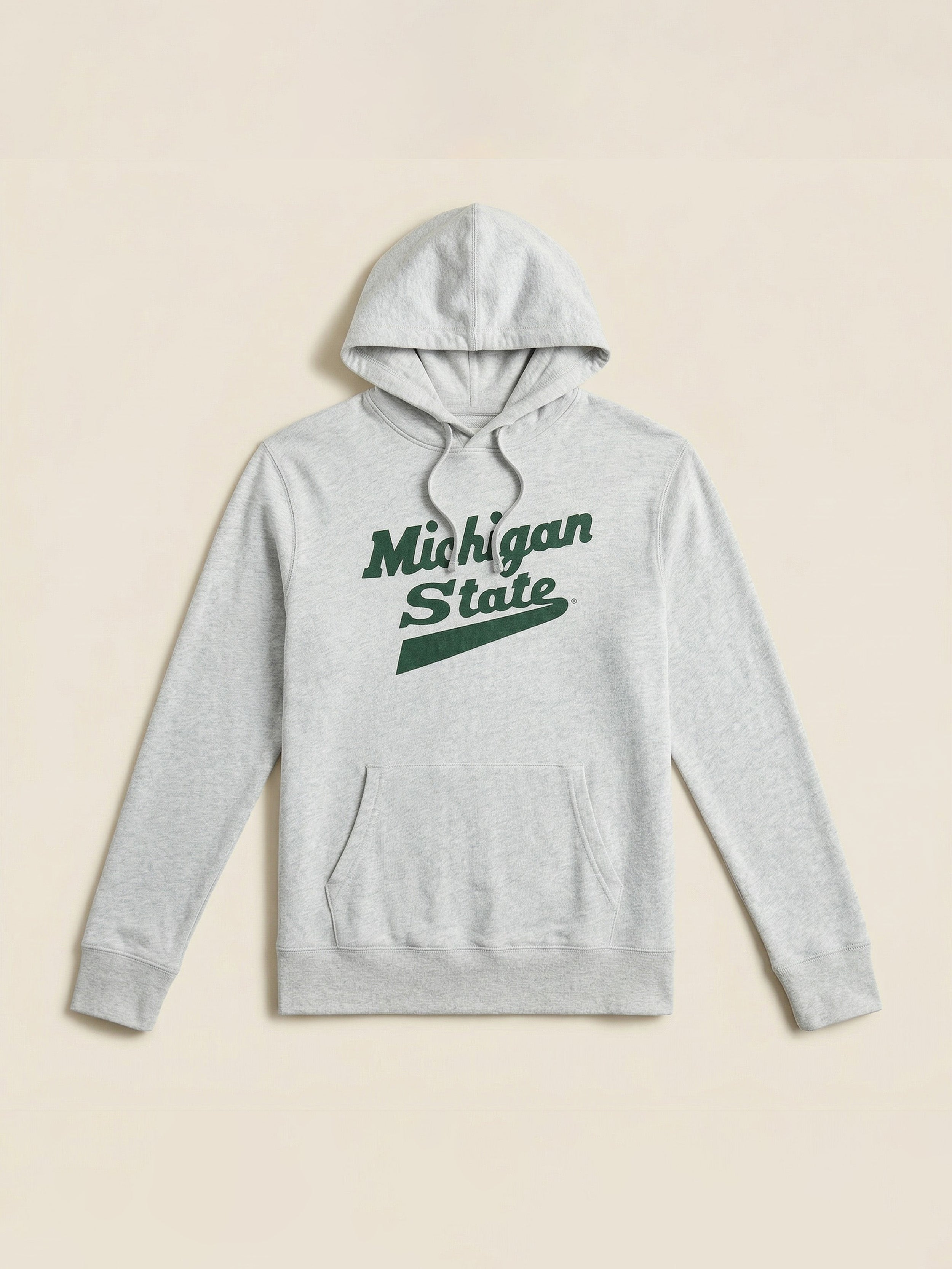 Grey hoodie with Michigan State graphic on the center front against a beige background