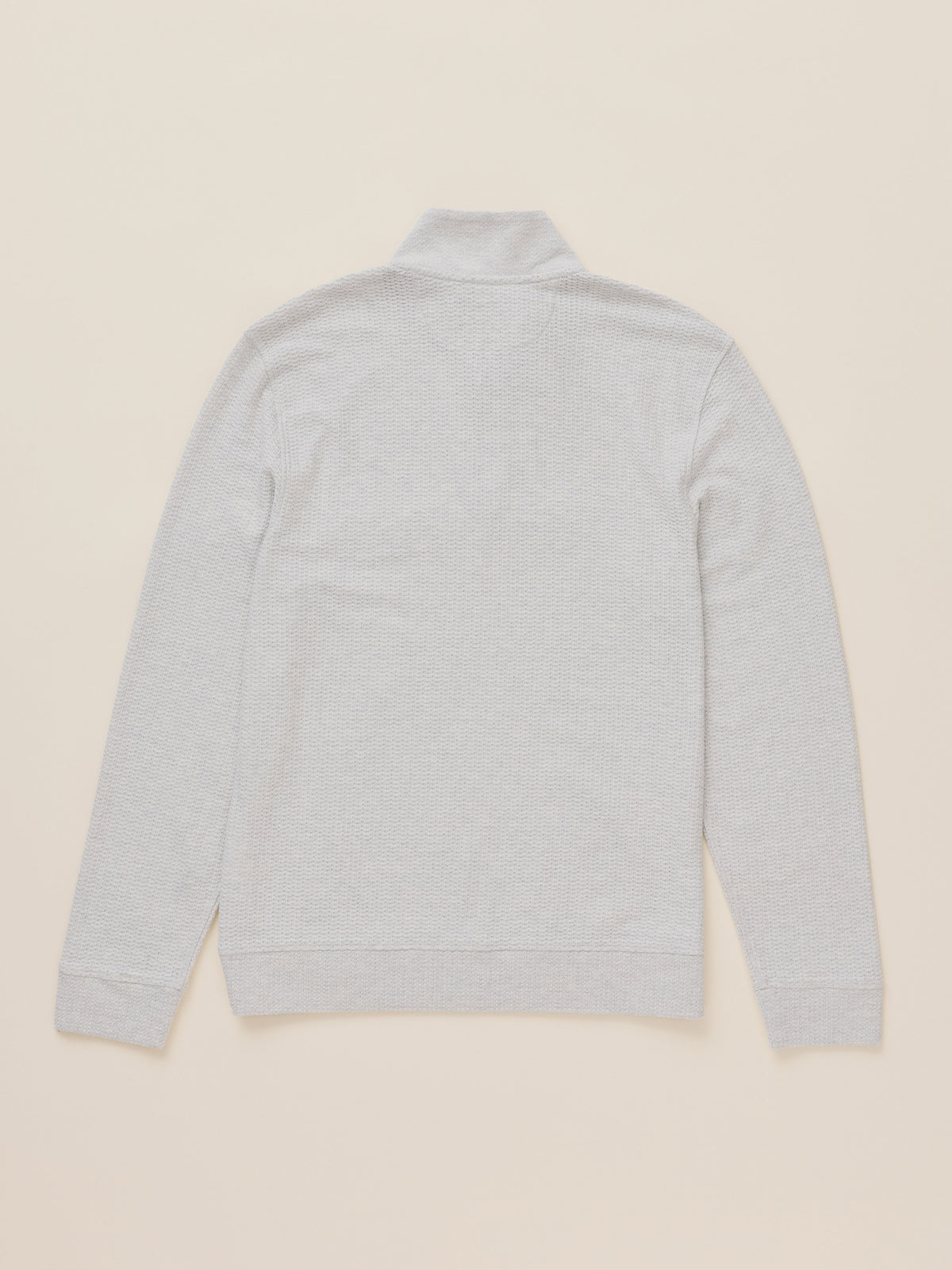 A light gray heather long-sleeve half-zip sweater with a mock neck, shown from the back on a solid beige background., image 7 of 7