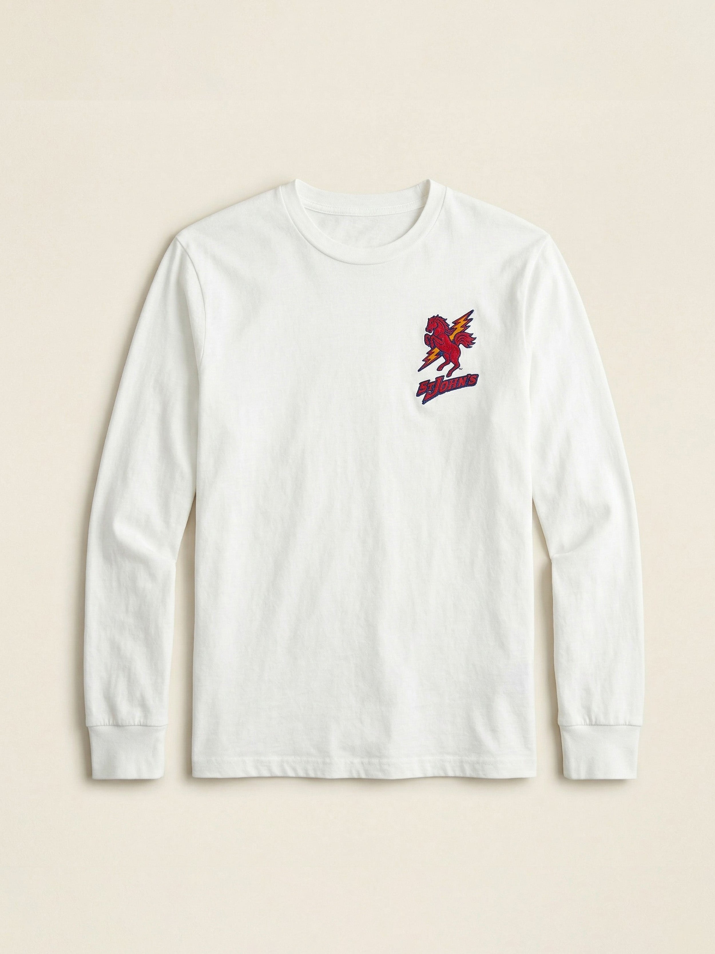 White long-sleeve shirt with a red St. John's logo on the left chest against a beige background