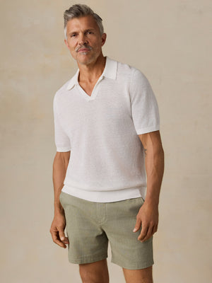 Short-Sleeve Linen Sweater Polo - Pure White