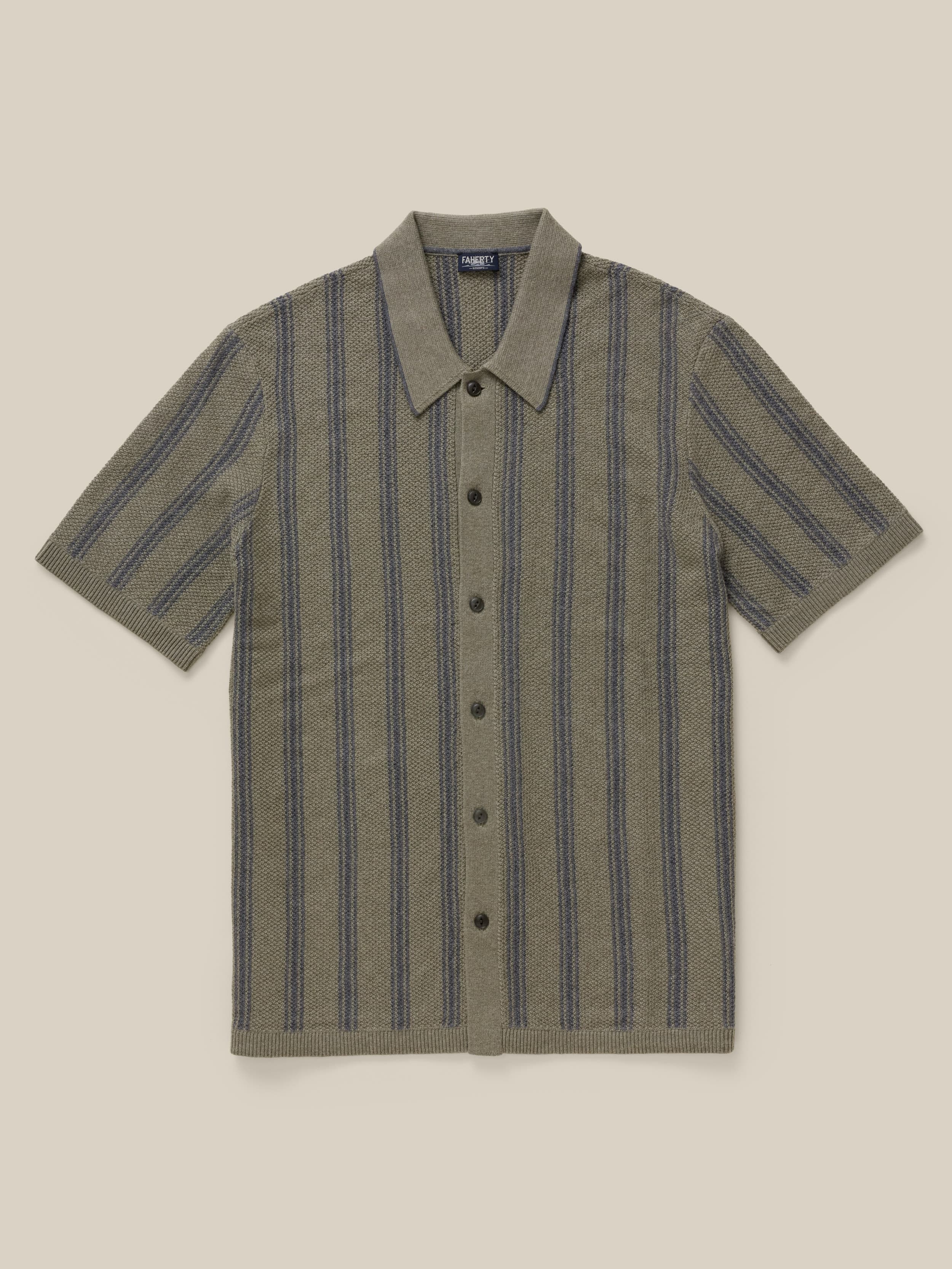 Short-Sleeve Sweater Shirt - Olive Safari Stripe | Faherty Brand