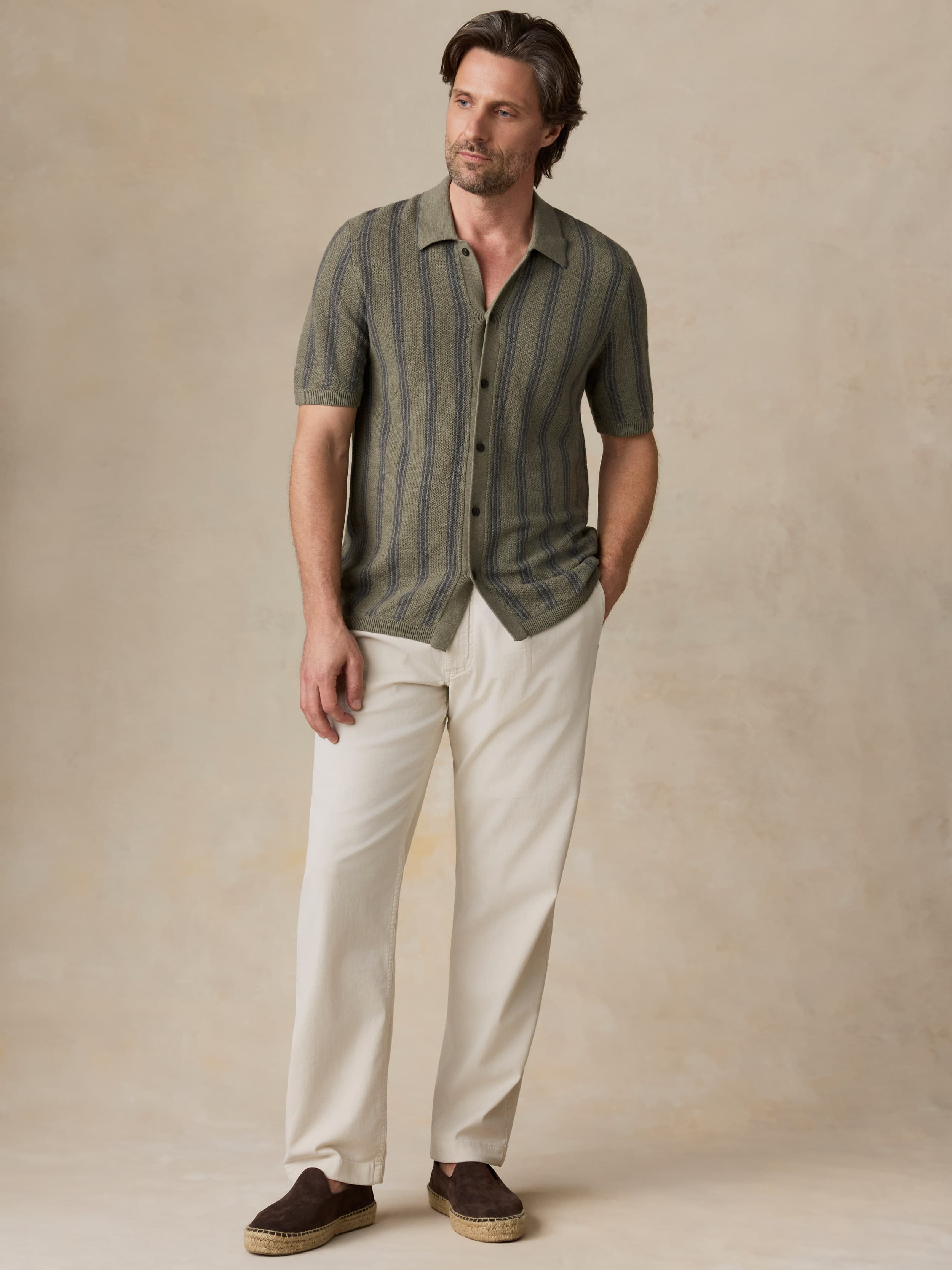 Short-Sleeve Sweater Shirt - Olive Safari Stripe | Faherty Brand