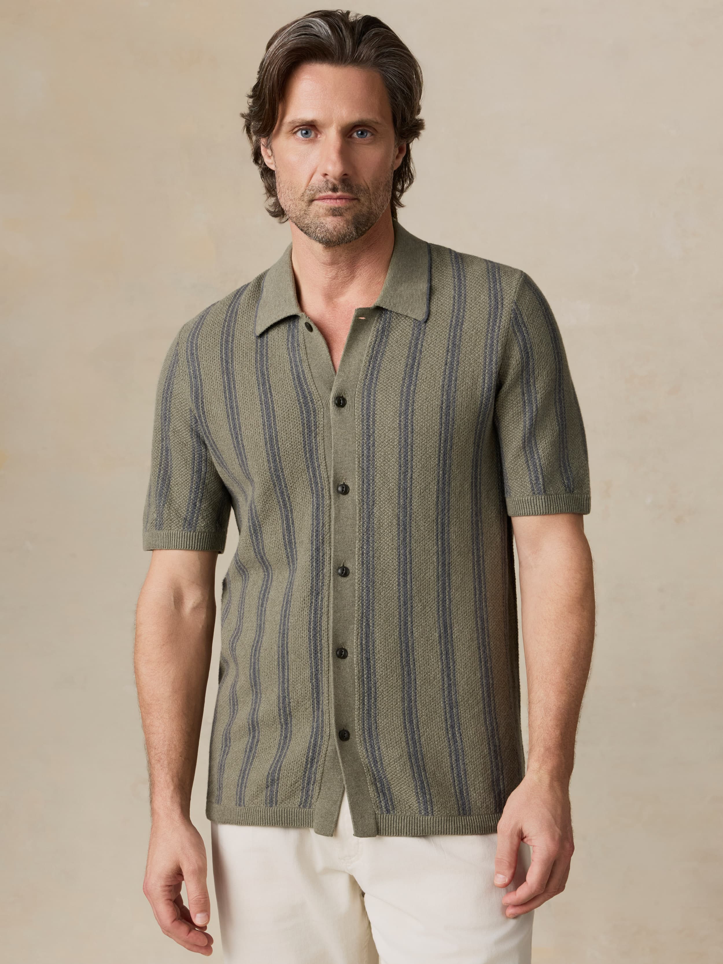 Short-Sleeve Sweater Shirt - Olive Safari Stripe | Faherty Brand