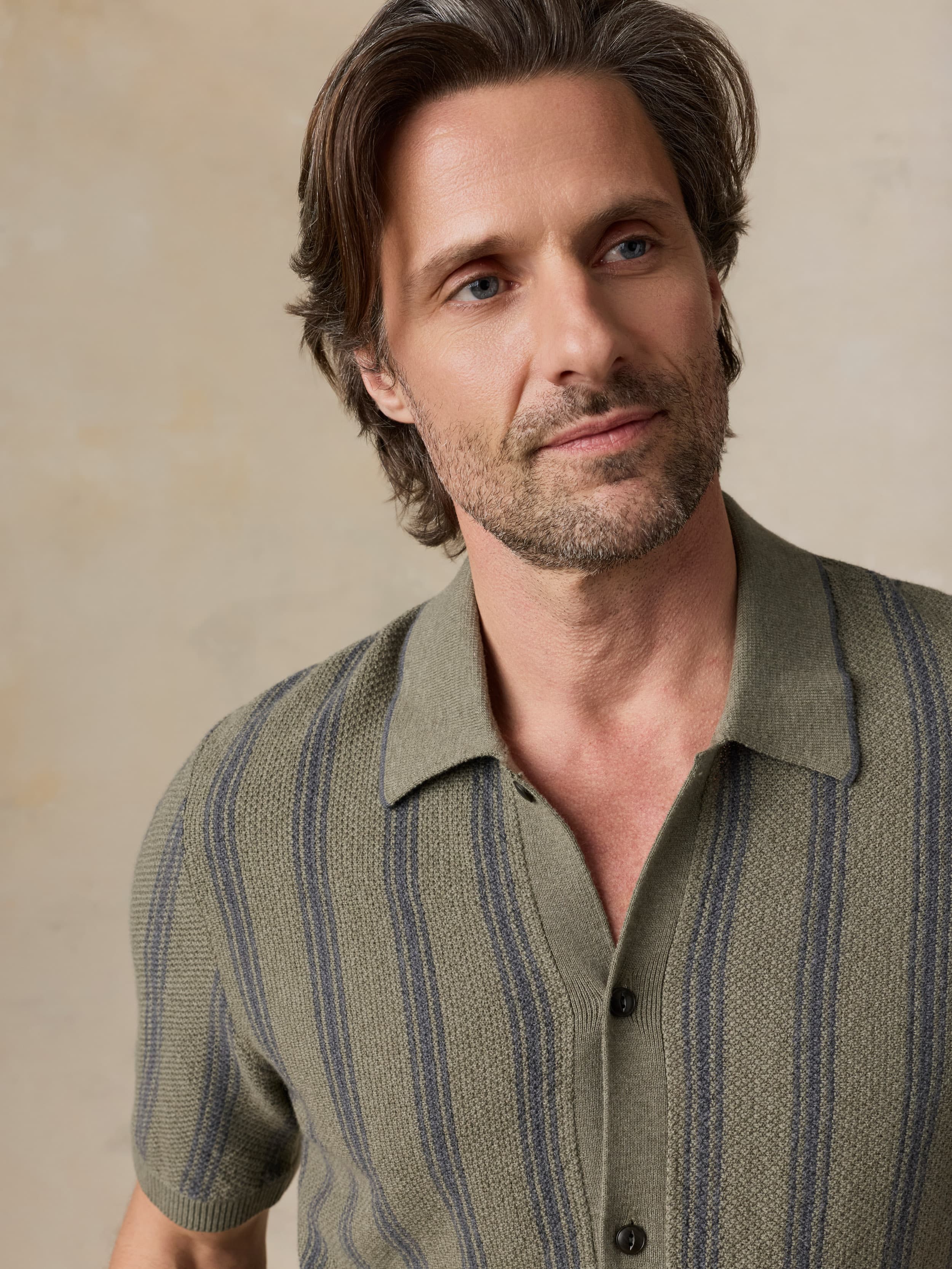 Short-Sleeve Sweater Shirt - Olive Safari Stripe | Faherty Brand