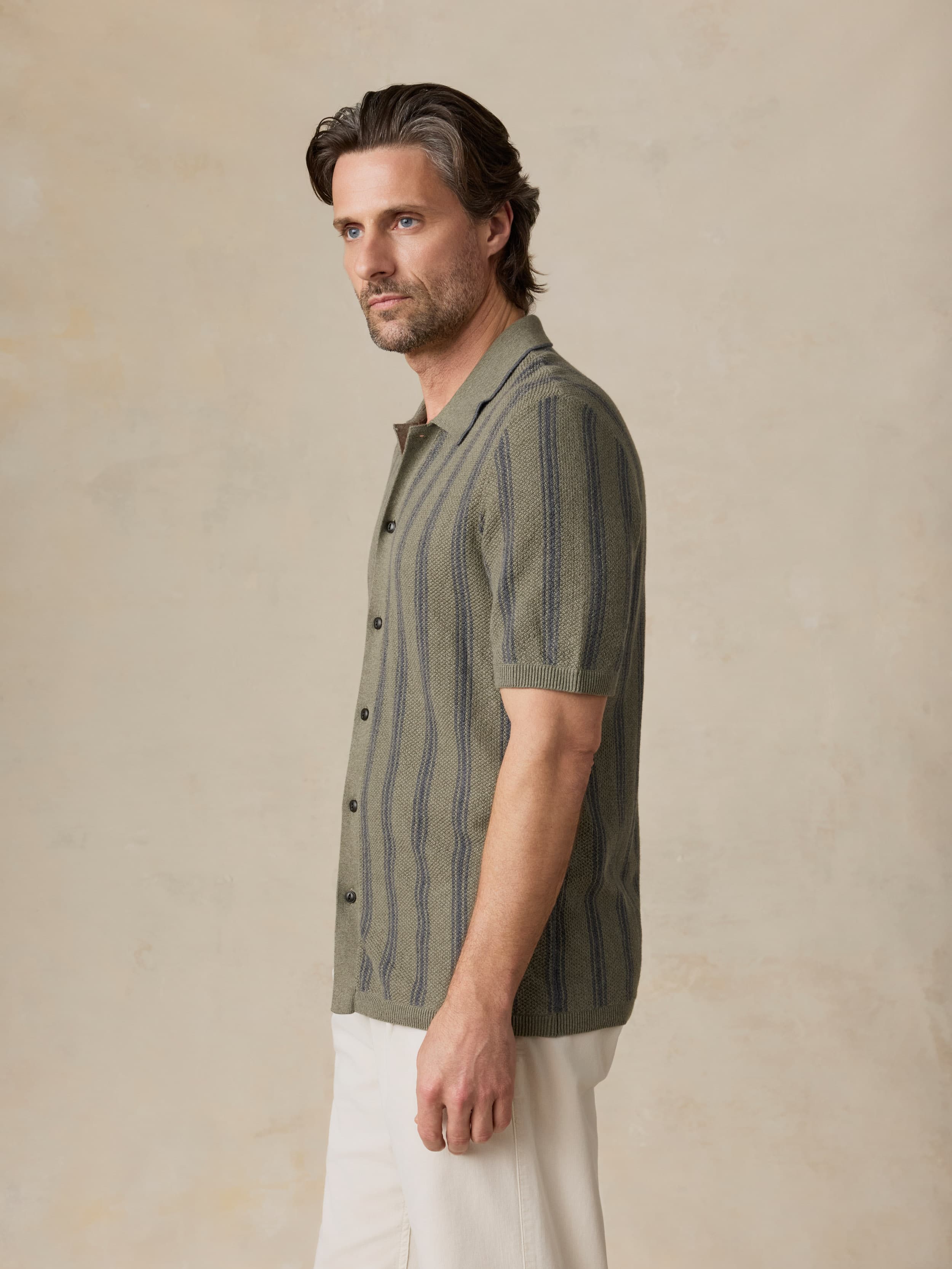 Short-Sleeve Sweater Shirt - Olive Safari Stripe | Faherty Brand